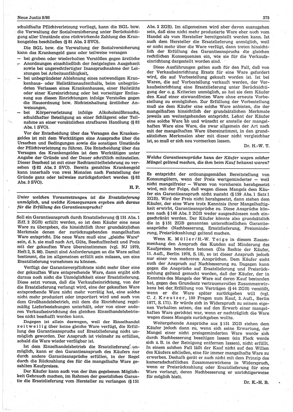 Neue Justiz (NJ), Zeitschrift für sozialistisches Recht und Gesetzlichkeit [Deutsche Demokratische Republik (DDR)], 34. Jahrgang 1980, Seite 375 (NJ DDR 1980, S. 375)