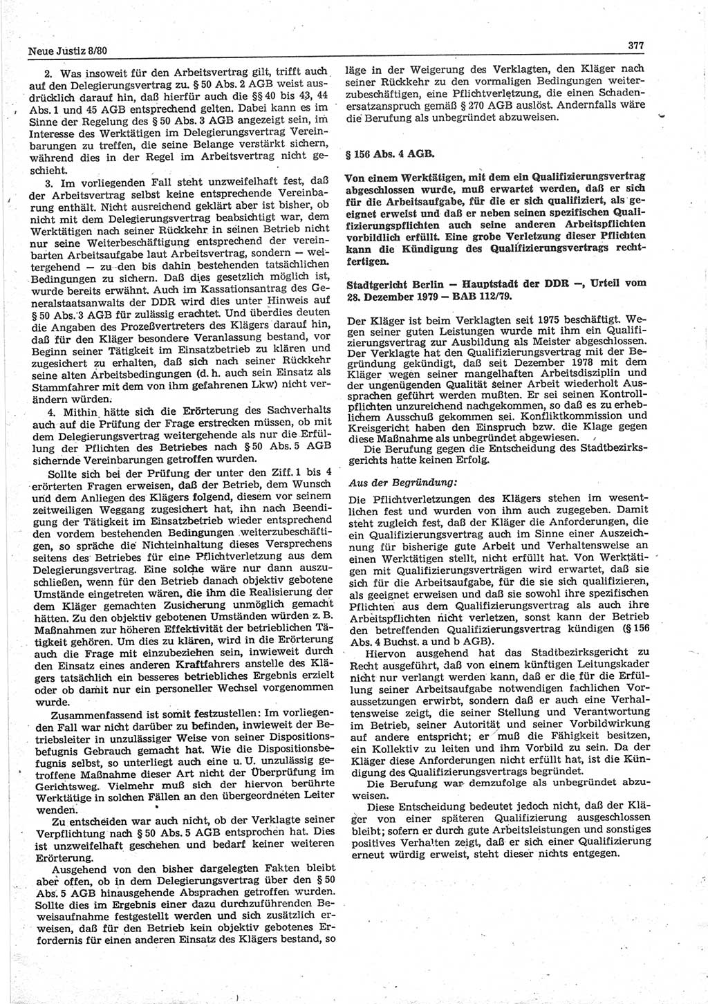 Neue Justiz (NJ), Zeitschrift für sozialistisches Recht und Gesetzlichkeit [Deutsche Demokratische Republik (DDR)], 34. Jahrgang 1980, Seite 377 (NJ DDR 1980, S. 377)