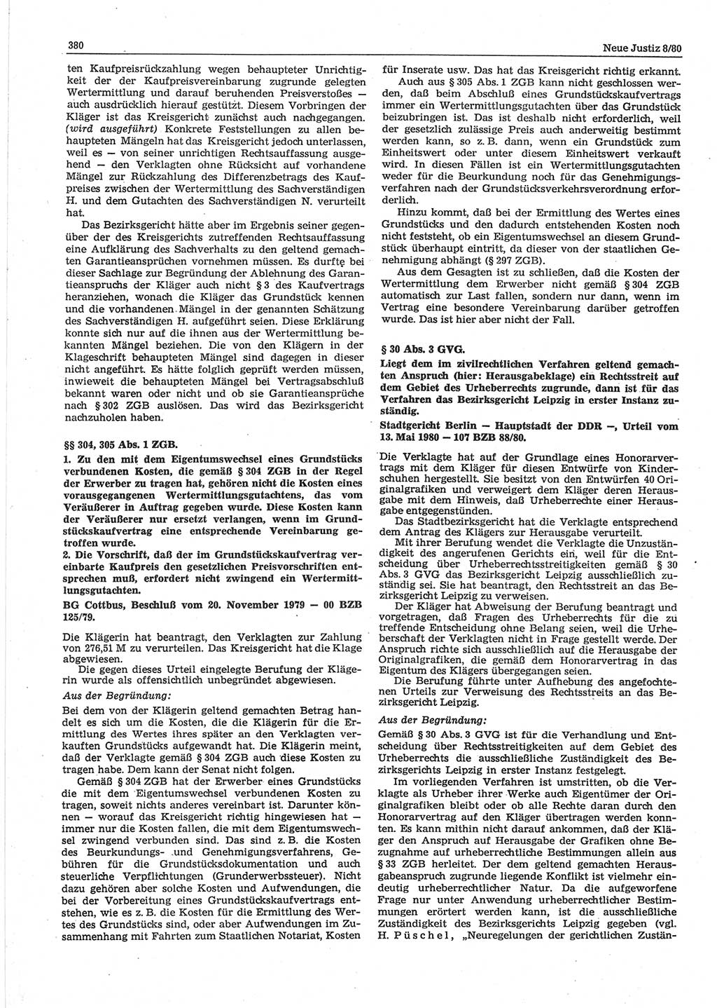 Neue Justiz (NJ), Zeitschrift für sozialistisches Recht und Gesetzlichkeit [Deutsche Demokratische Republik (DDR)], 34. Jahrgang 1980, Seite 380 (NJ DDR 1980, S. 380)