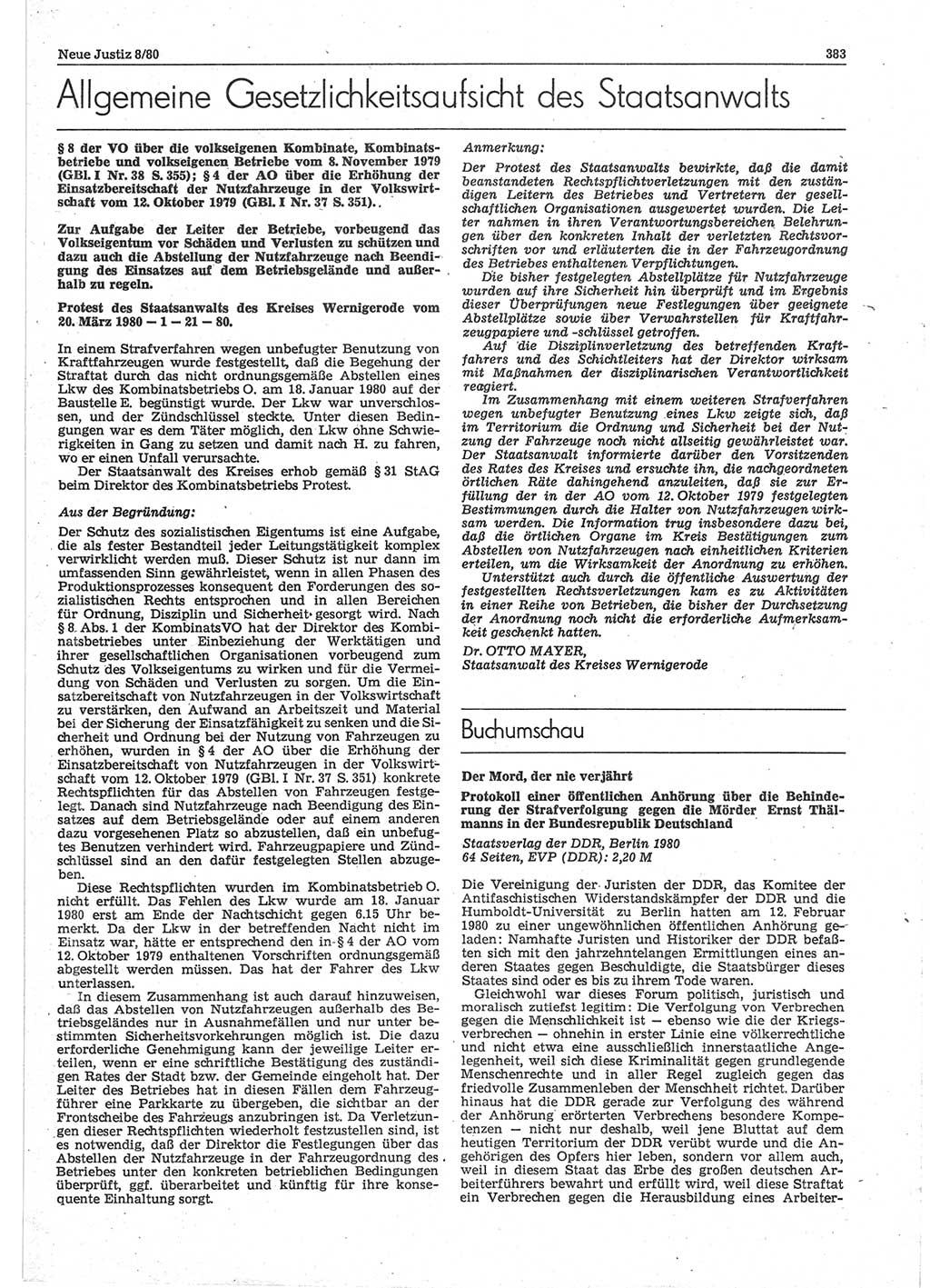 Neue Justiz (NJ), Zeitschrift für sozialistisches Recht und Gesetzlichkeit [Deutsche Demokratische Republik (DDR)], 34. Jahrgang 1980, Seite 383 (NJ DDR 1980, S. 383)