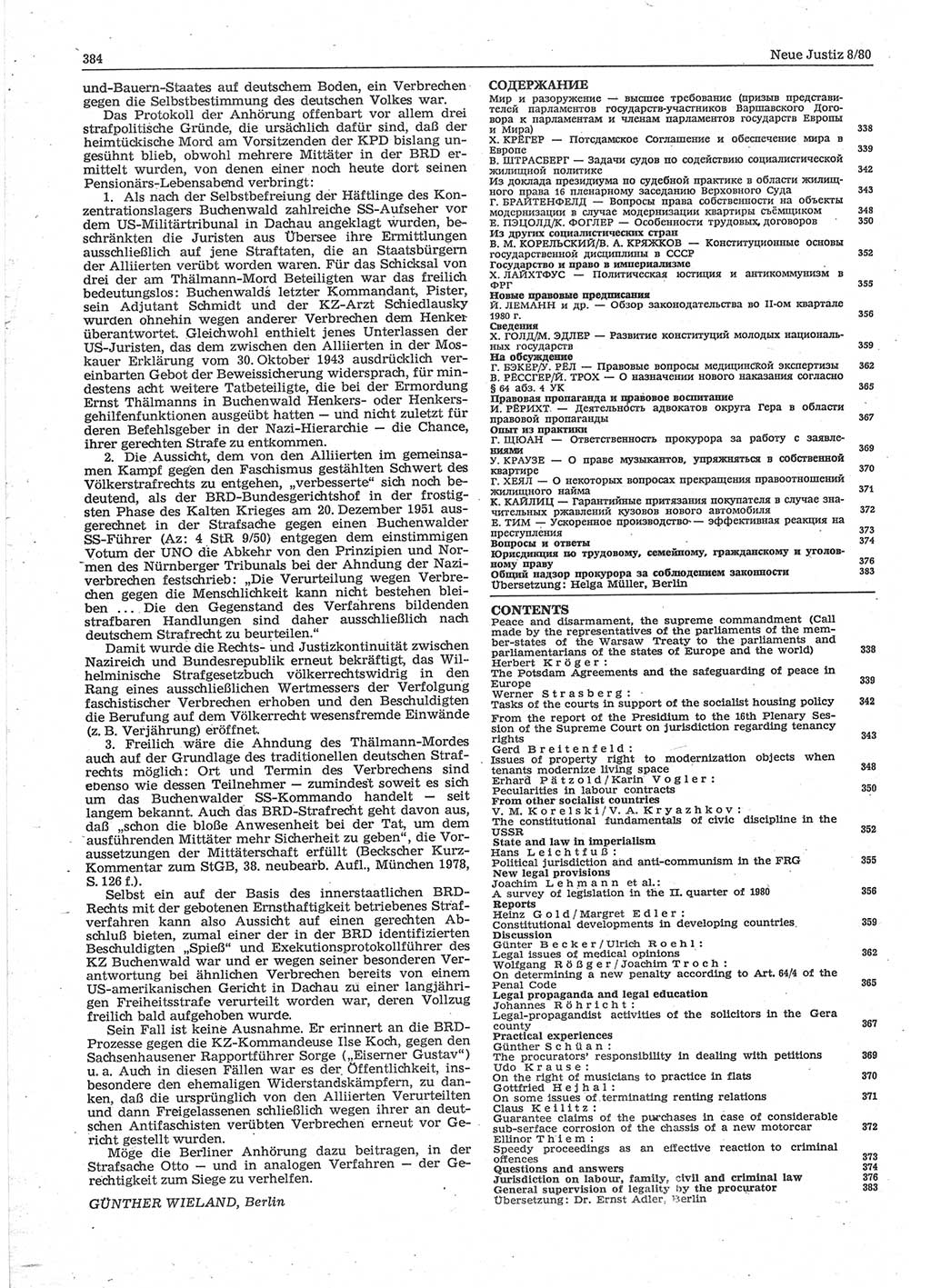 Neue Justiz (NJ), Zeitschrift für sozialistisches Recht und Gesetzlichkeit [Deutsche Demokratische Republik (DDR)], 34. Jahrgang 1980, Seite 384 (NJ DDR 1980, S. 384)