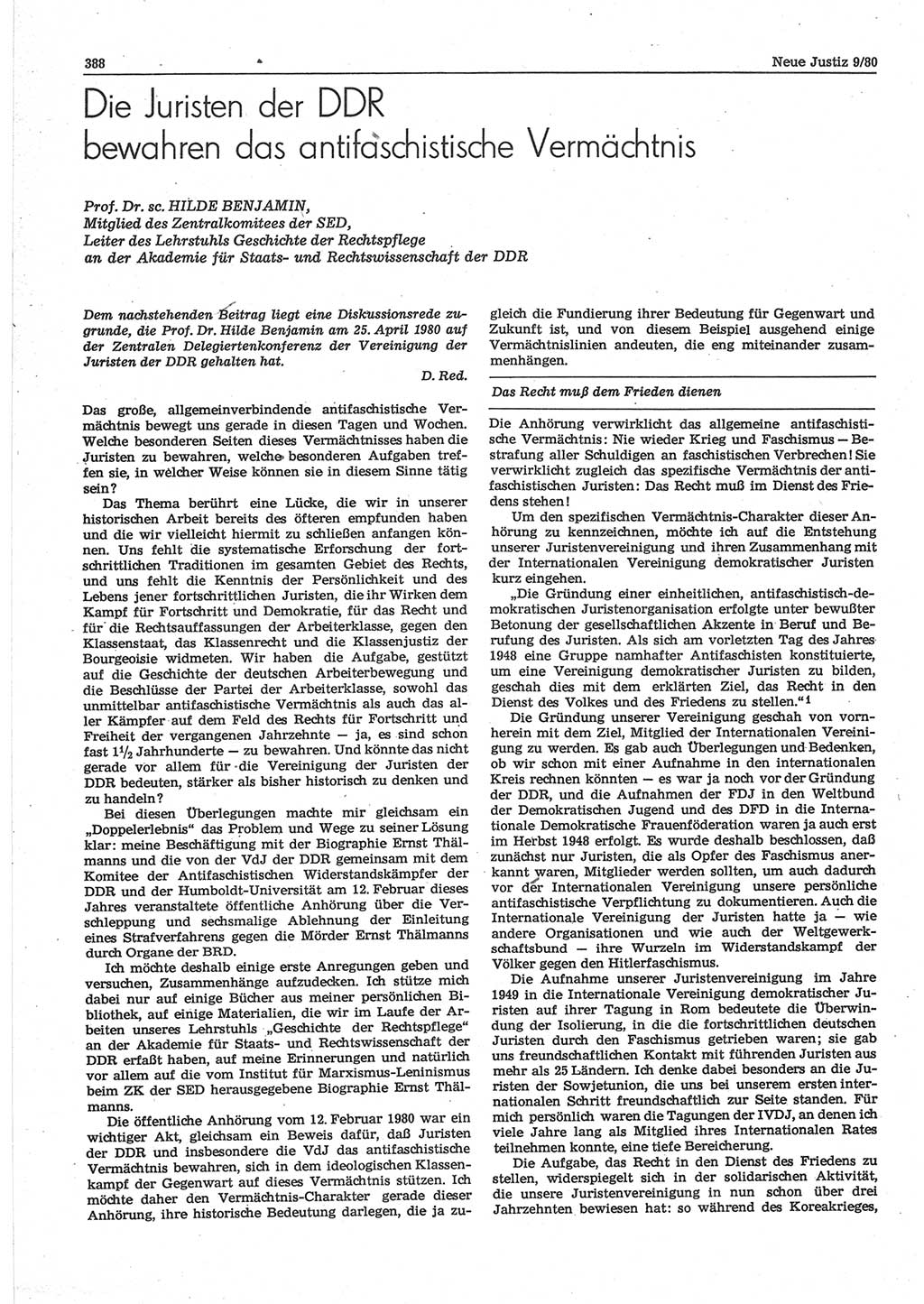 Neue Justiz (NJ), Zeitschrift für sozialistisches Recht und Gesetzlichkeit [Deutsche Demokratische Republik (DDR)], 34. Jahrgang 1980, Seite 388 (NJ DDR 1980, S. 388)