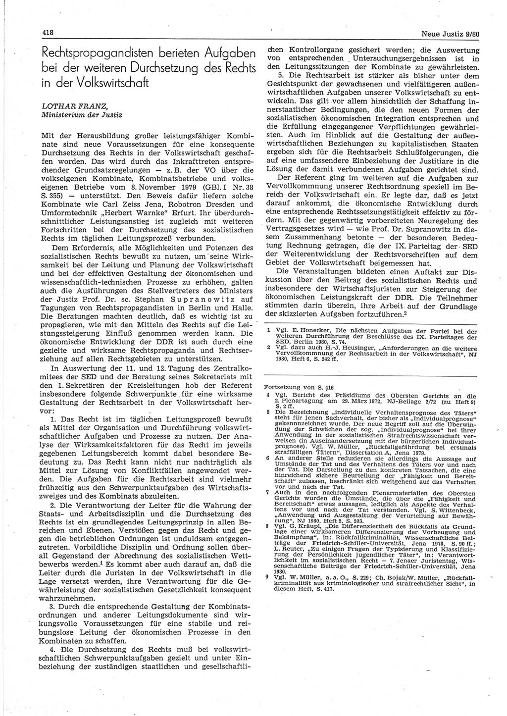 Neue Justiz (NJ), Zeitschrift für sozialistisches Recht und Gesetzlichkeit [Deutsche Demokratische Republik (DDR)], 34. Jahrgang 1980, Seite 418 (NJ DDR 1980, S. 418)