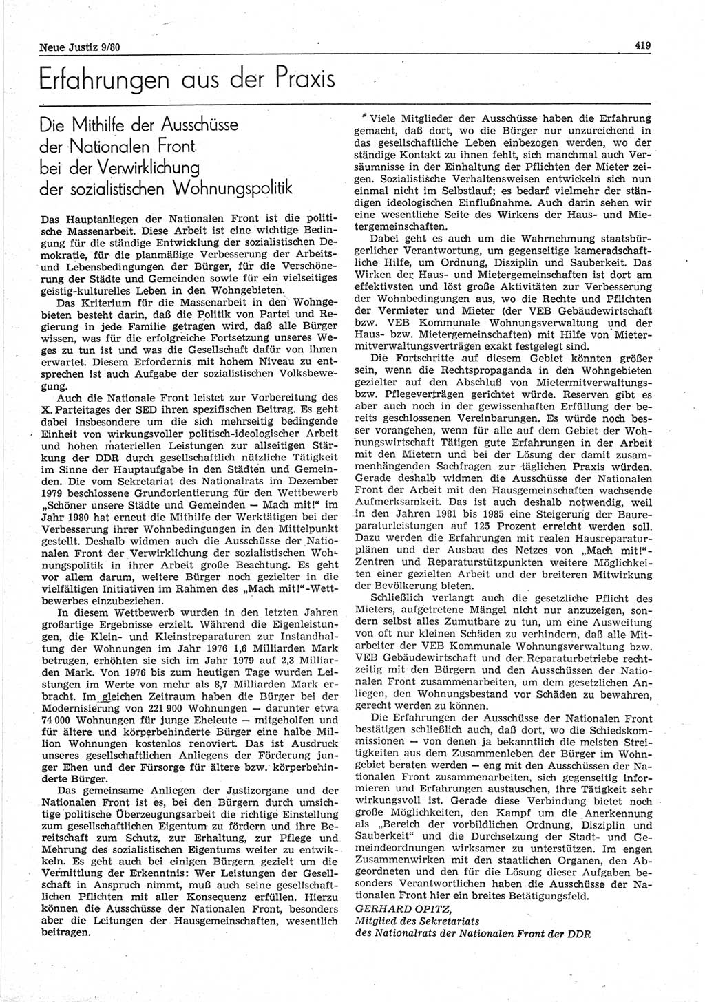 Neue Justiz (NJ), Zeitschrift für sozialistisches Recht und Gesetzlichkeit [Deutsche Demokratische Republik (DDR)], 34. Jahrgang 1980, Seite 419 (NJ DDR 1980, S. 419)