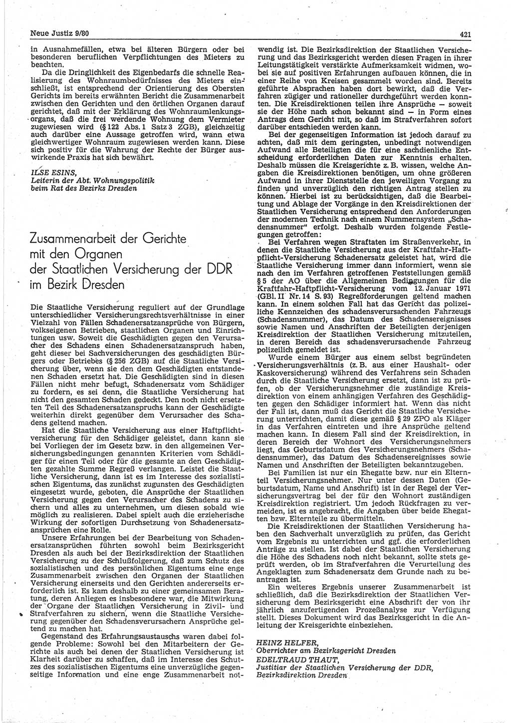 Neue Justiz (NJ), Zeitschrift für sozialistisches Recht und Gesetzlichkeit [Deutsche Demokratische Republik (DDR)], 34. Jahrgang 1980, Seite 421 (NJ DDR 1980, S. 421)