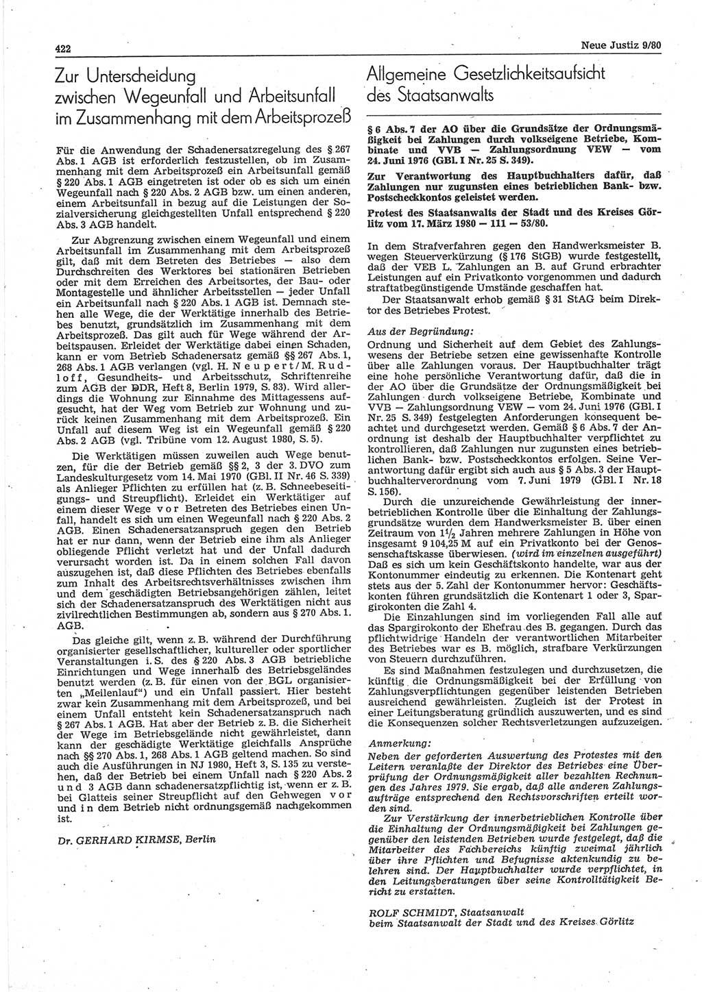 Neue Justiz (NJ), Zeitschrift für sozialistisches Recht und Gesetzlichkeit [Deutsche Demokratische Republik (DDR)], 34. Jahrgang 1980, Seite 422 (NJ DDR 1980, S. 422)