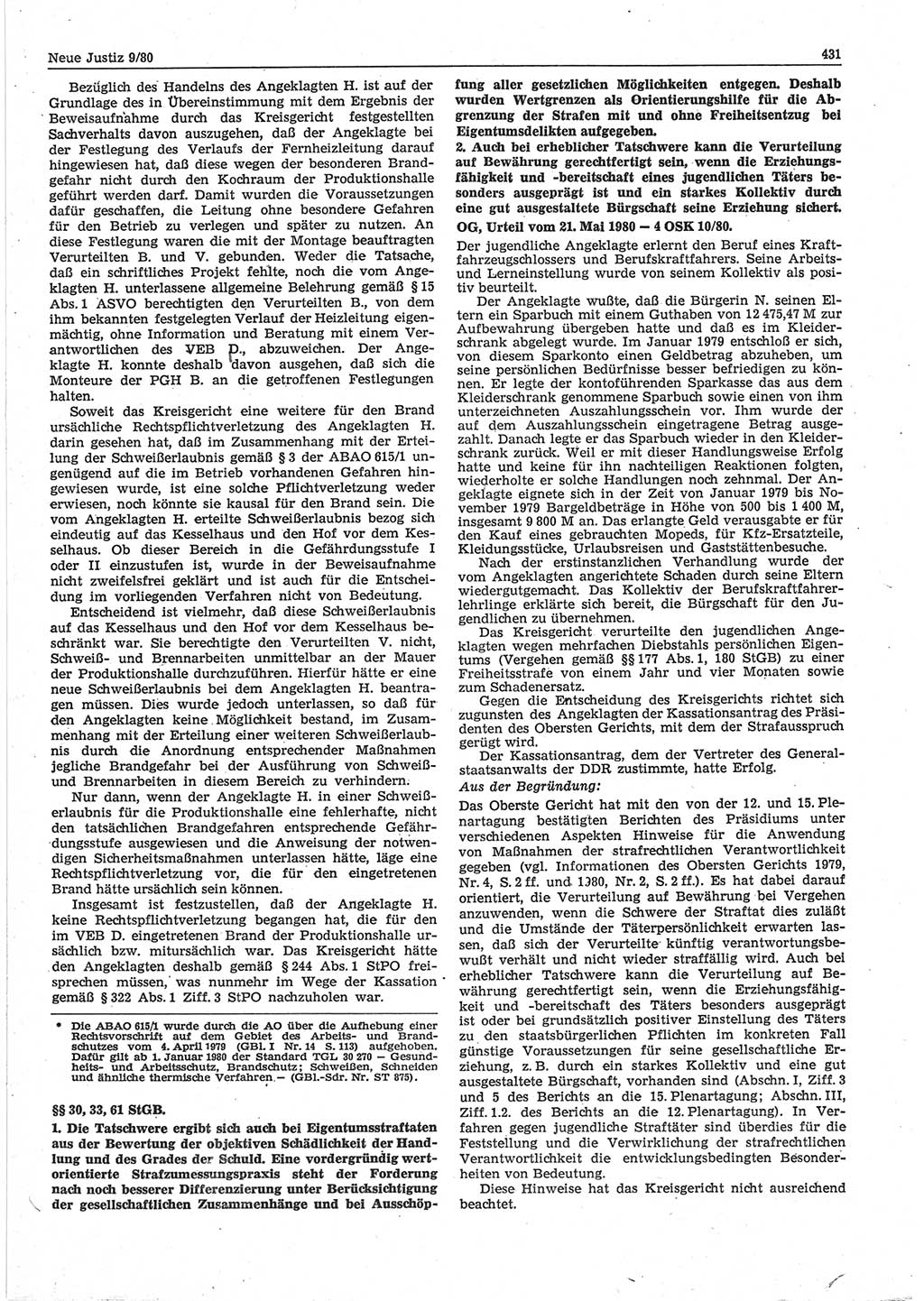Neue Justiz (NJ), Zeitschrift für sozialistisches Recht und Gesetzlichkeit [Deutsche Demokratische Republik (DDR)], 34. Jahrgang 1980, Seite 431 (NJ DDR 1980, S. 431)