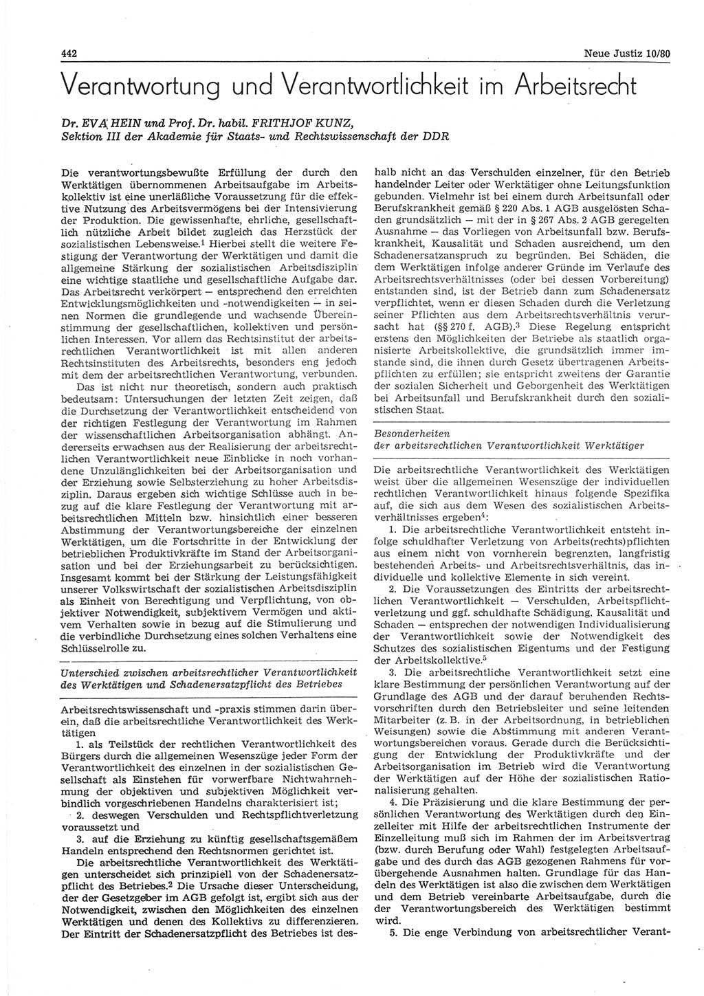 Neue Justiz (NJ), Zeitschrift für sozialistisches Recht und Gesetzlichkeit [Deutsche Demokratische Republik (DDR)], 34. Jahrgang 1980, Seite 442 (NJ DDR 1980, S. 442)