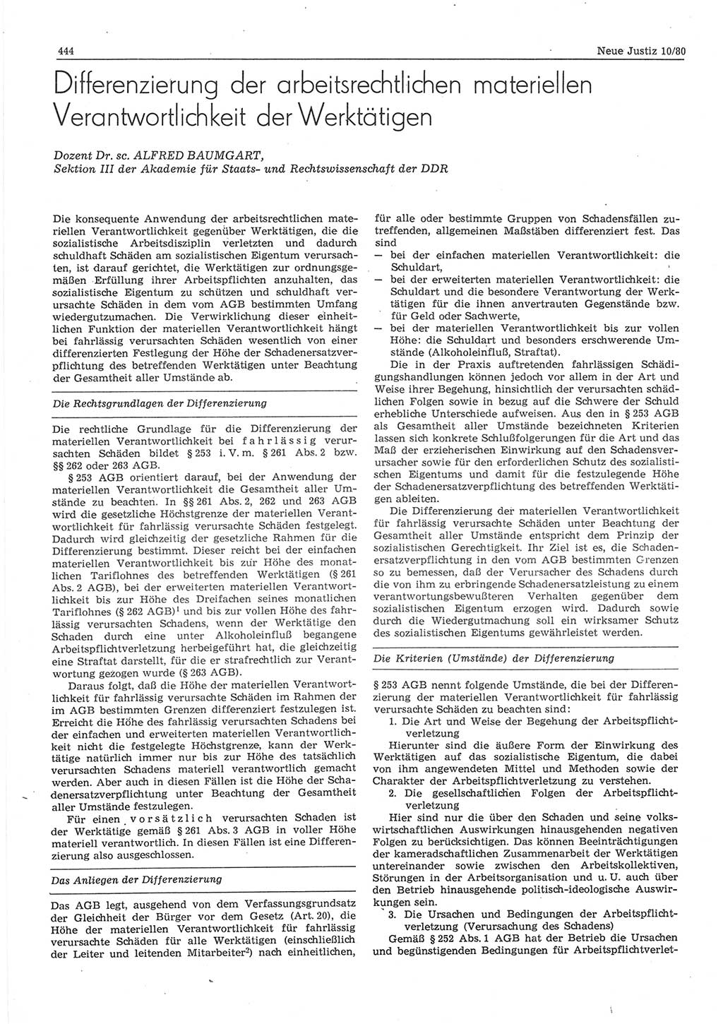 Neue Justiz (NJ), Zeitschrift für sozialistisches Recht und Gesetzlichkeit [Deutsche Demokratische Republik (DDR)], 34. Jahrgang 1980, Seite 444 (NJ DDR 1980, S. 444)