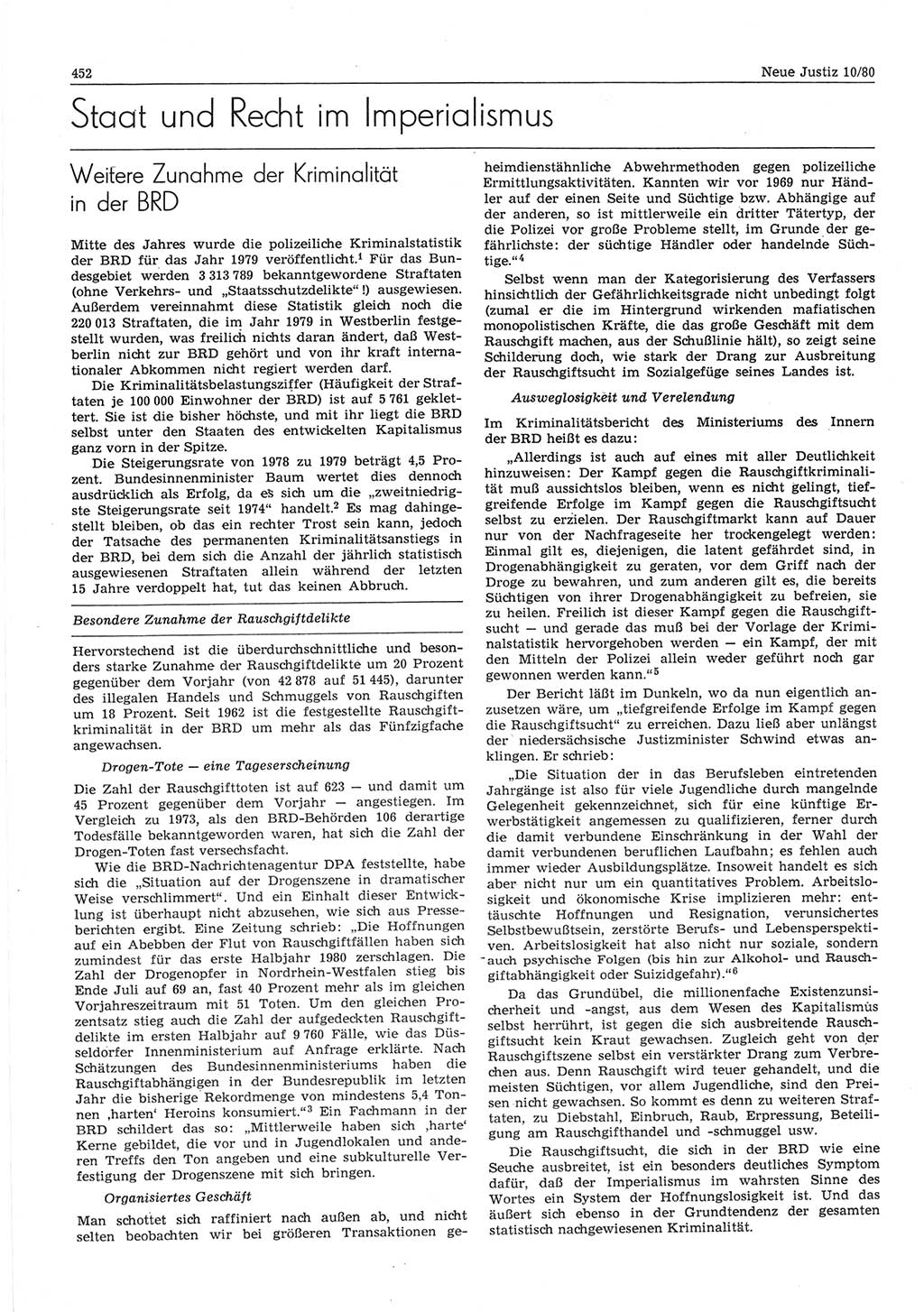 Neue Justiz (NJ), Zeitschrift für sozialistisches Recht und Gesetzlichkeit [Deutsche Demokratische Republik (DDR)], 34. Jahrgang 1980, Seite 452 (NJ DDR 1980, S. 452)