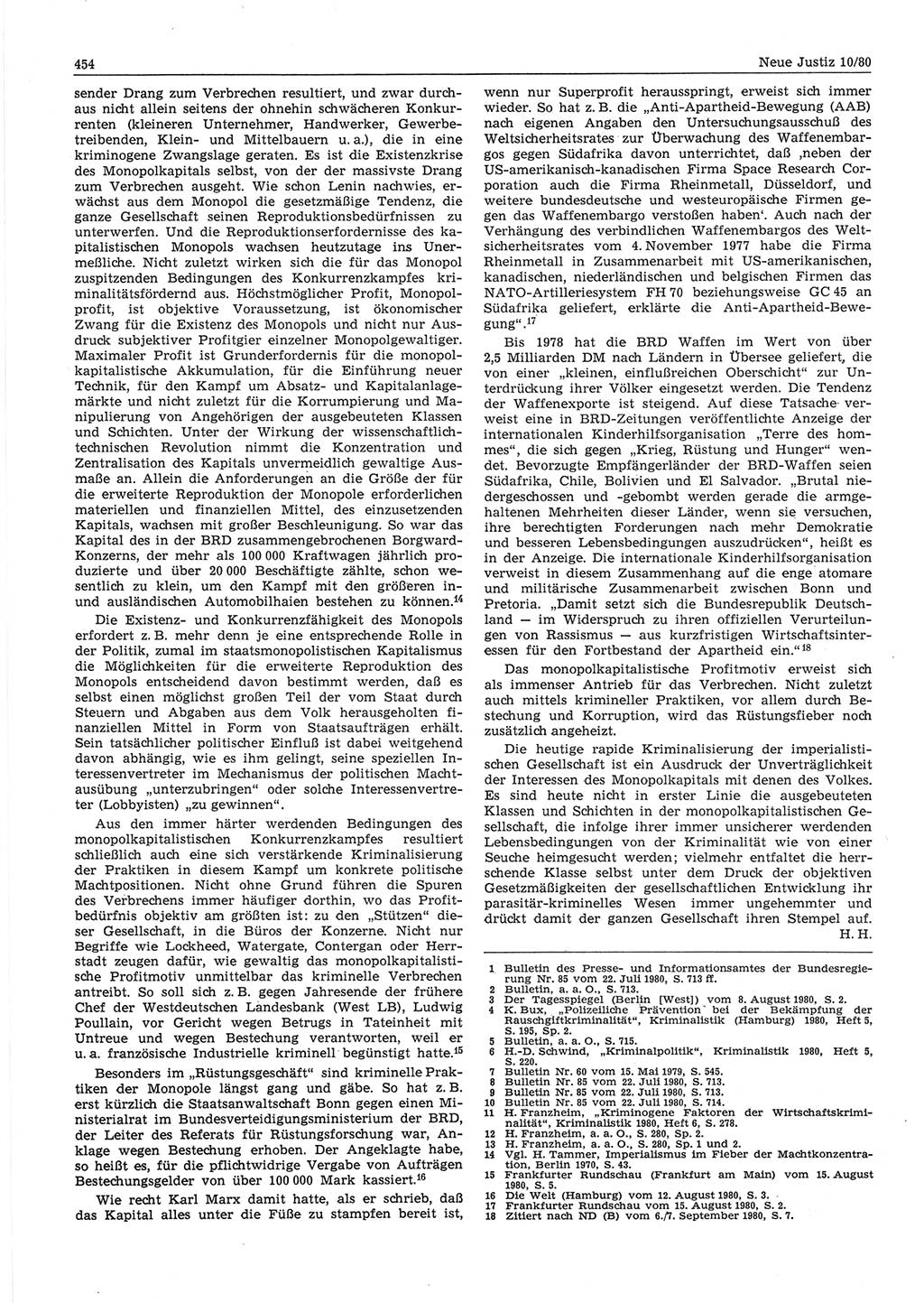 Neue Justiz (NJ), Zeitschrift für sozialistisches Recht und Gesetzlichkeit [Deutsche Demokratische Republik (DDR)], 34. Jahrgang 1980, Seite 454 (NJ DDR 1980, S. 454)