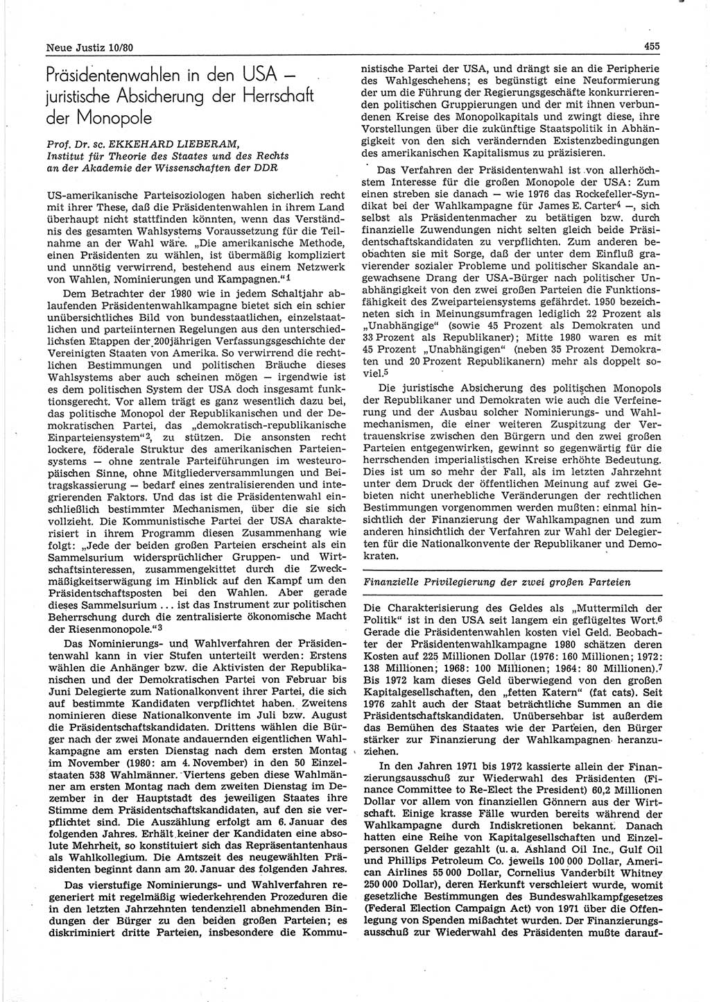 Neue Justiz (NJ), Zeitschrift für sozialistisches Recht und Gesetzlichkeit [Deutsche Demokratische Republik (DDR)], 34. Jahrgang 1980, Seite 455 (NJ DDR 1980, S. 455)