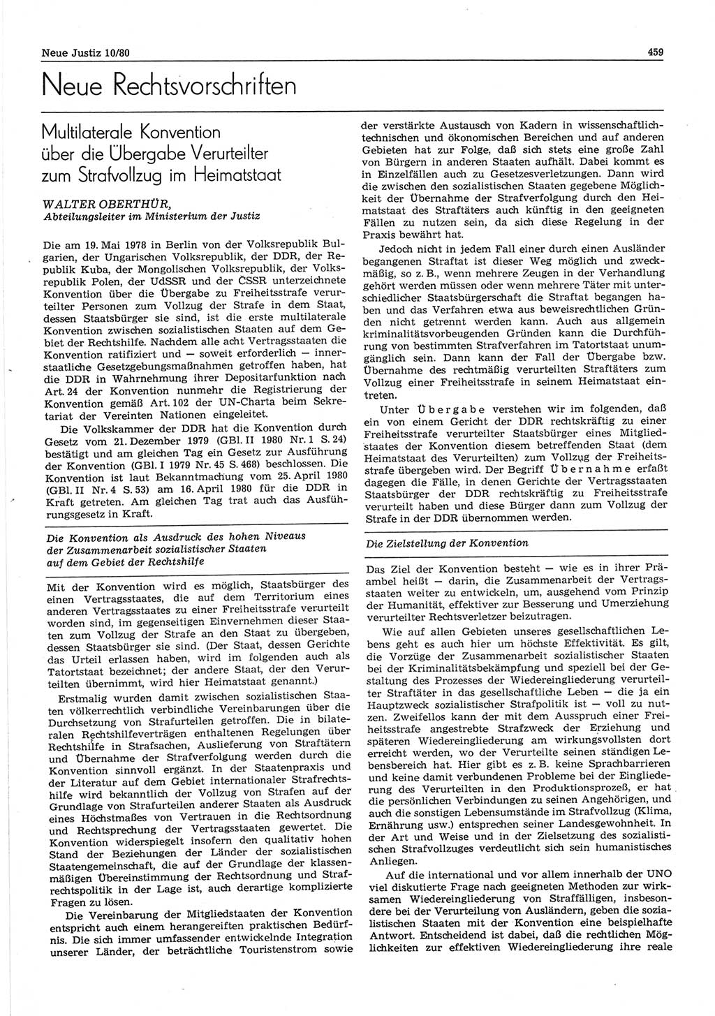 Neue Justiz (NJ), Zeitschrift für sozialistisches Recht und Gesetzlichkeit [Deutsche Demokratische Republik (DDR)], 34. Jahrgang 1980, Seite 459 (NJ DDR 1980, S. 459)