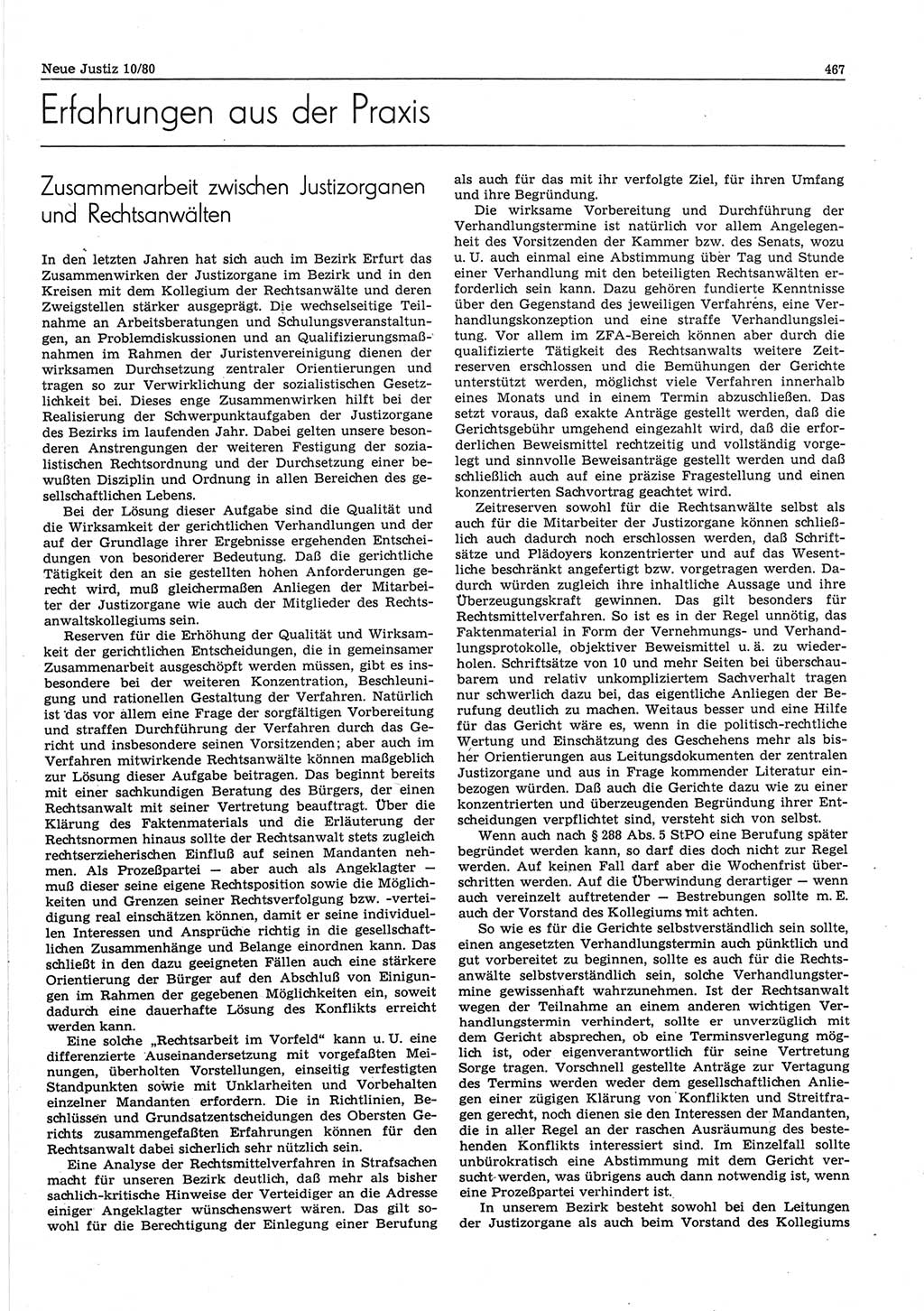 Neue Justiz (NJ), Zeitschrift für sozialistisches Recht und Gesetzlichkeit [Deutsche Demokratische Republik (DDR)], 34. Jahrgang 1980, Seite 467 (NJ DDR 1980, S. 467)