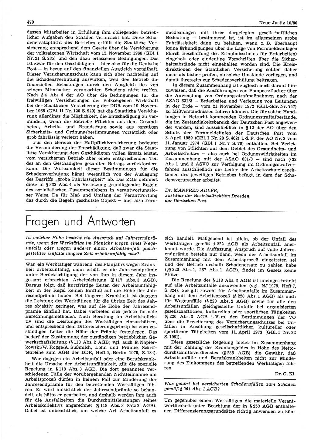 Neue Justiz (NJ), Zeitschrift für sozialistisches Recht und Gesetzlichkeit [Deutsche Demokratische Republik (DDR)], 34. Jahrgang 1980, Seite 470 (NJ DDR 1980, S. 470)