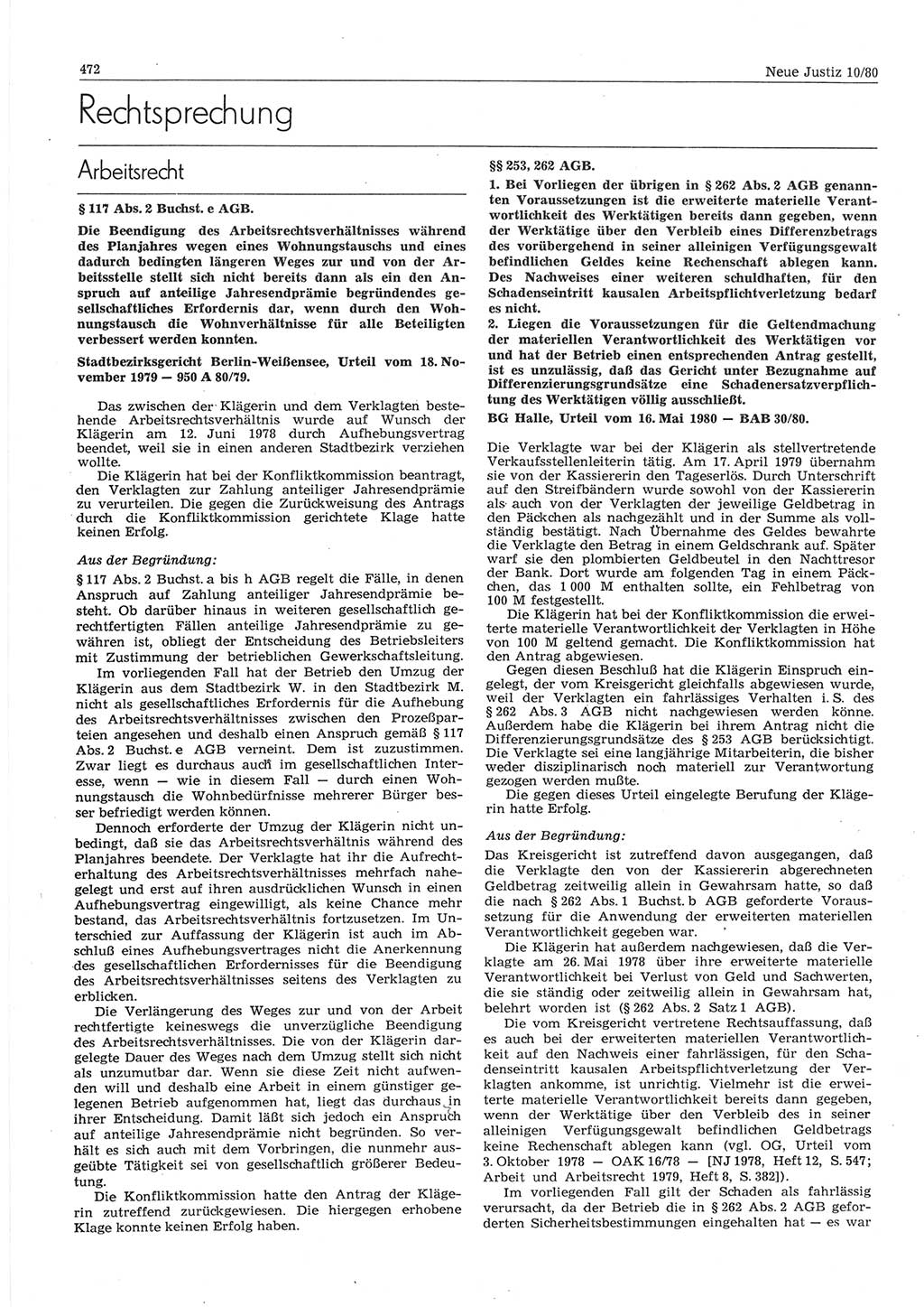 Neue Justiz (NJ), Zeitschrift für sozialistisches Recht und Gesetzlichkeit [Deutsche Demokratische Republik (DDR)], 34. Jahrgang 1980, Seite 472 (NJ DDR 1980, S. 472)