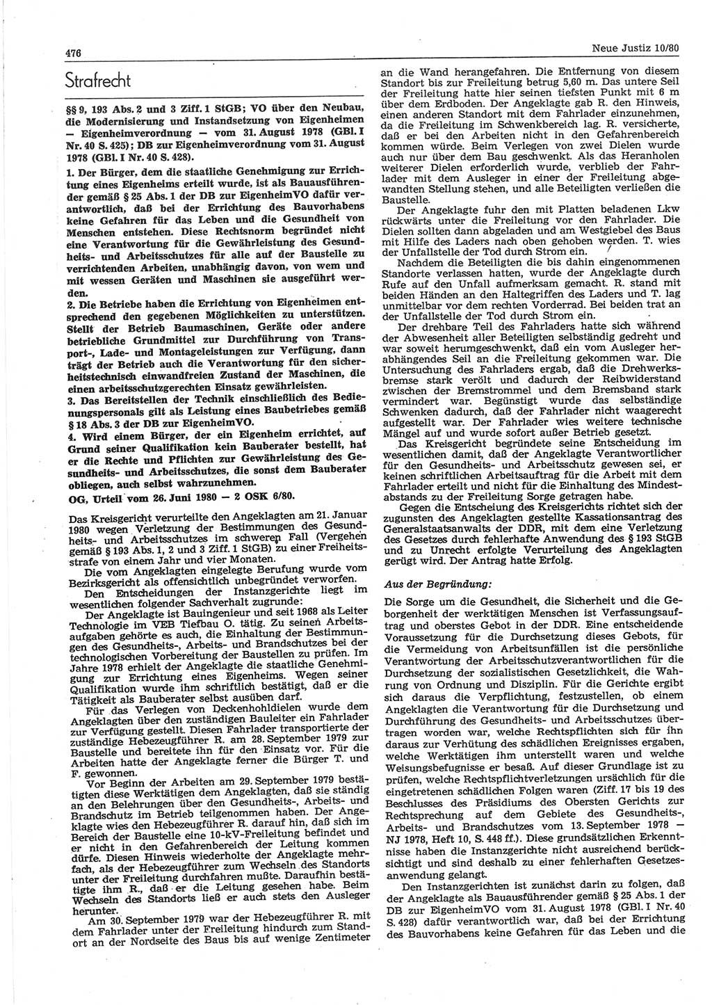 Neue Justiz (NJ), Zeitschrift für sozialistisches Recht und Gesetzlichkeit [Deutsche Demokratische Republik (DDR)], 34. Jahrgang 1980, Seite 476 (NJ DDR 1980, S. 476)