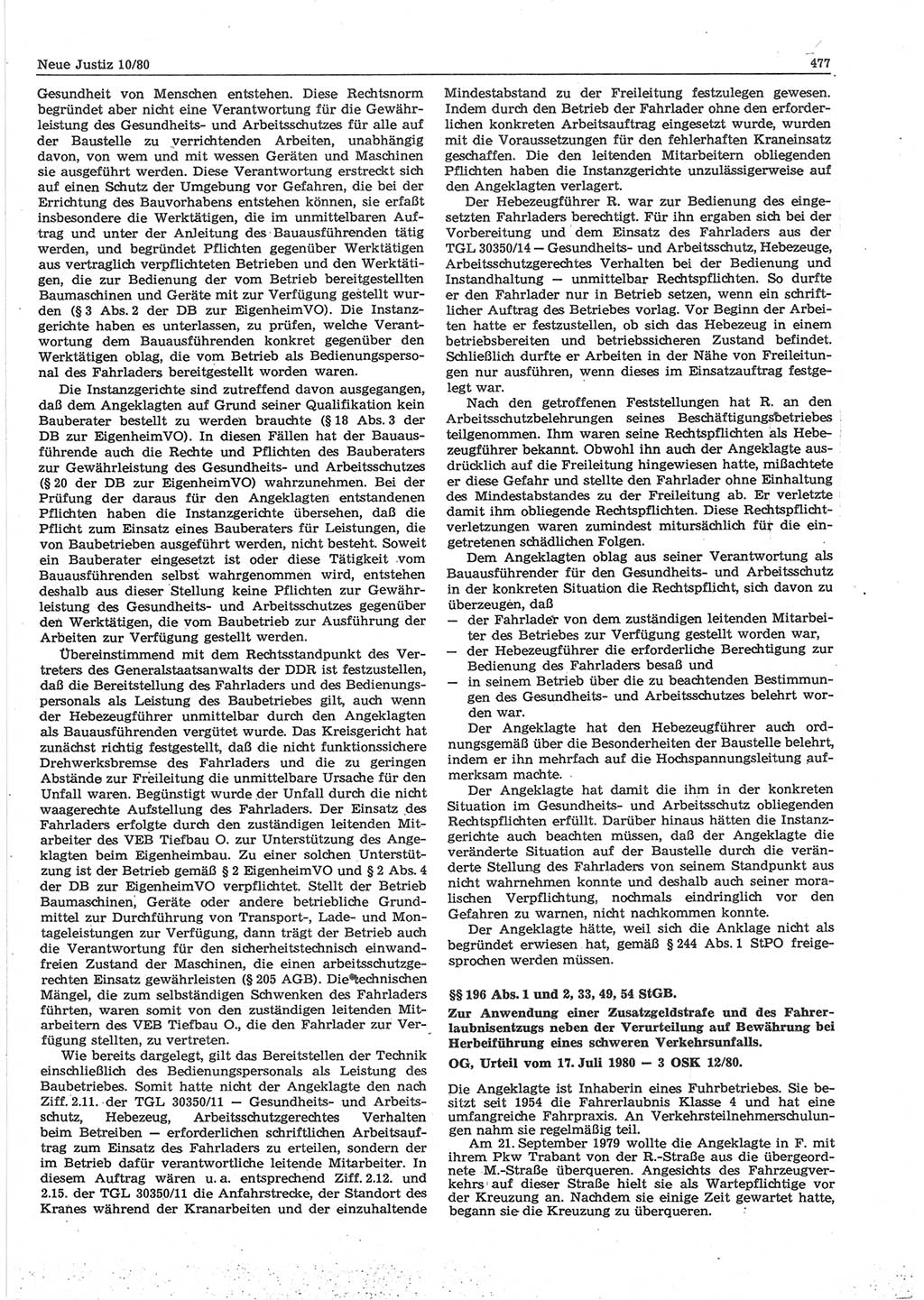 Neue Justiz (NJ), Zeitschrift für sozialistisches Recht und Gesetzlichkeit [Deutsche Demokratische Republik (DDR)], 34. Jahrgang 1980, Seite 477 (NJ DDR 1980, S. 477)
