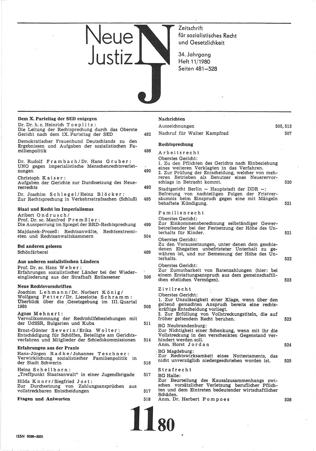 Neue Justiz (NJ), Zeitschrift für sozialistisches Recht und Gesetzlichkeit [Deutsche Demokratische Republik (DDR)], 34. Jahrgang 1980, Seite 481 (NJ DDR 1980, S. 481)