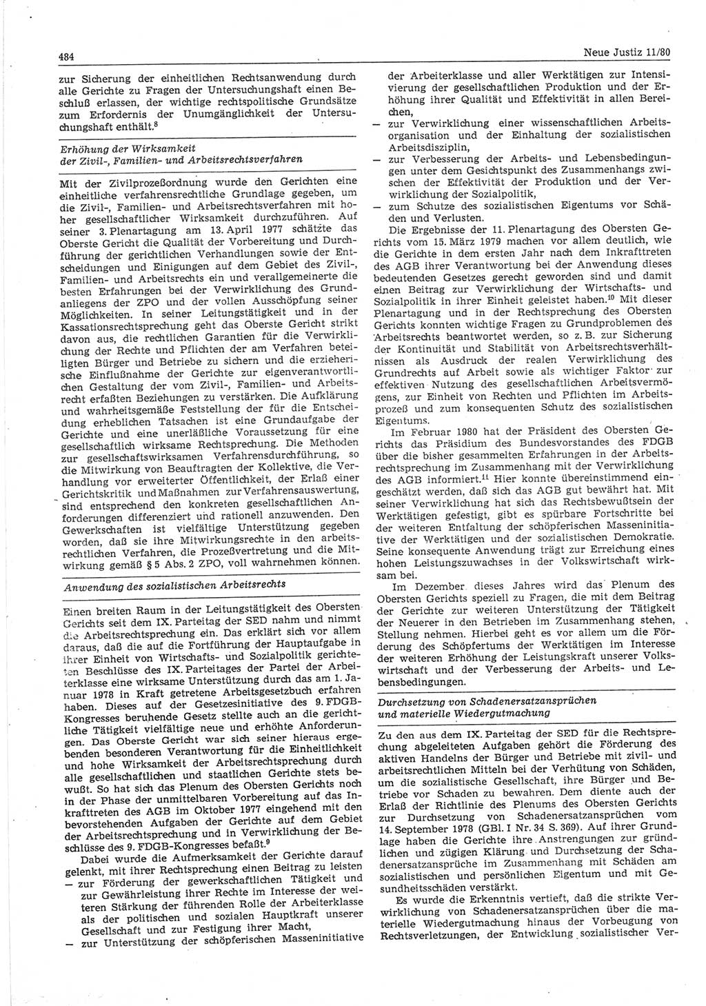 Neue Justiz (NJ), Zeitschrift für sozialistisches Recht und Gesetzlichkeit [Deutsche Demokratische Republik (DDR)], 34. Jahrgang 1980, Seite 484 (NJ DDR 1980, S. 484)