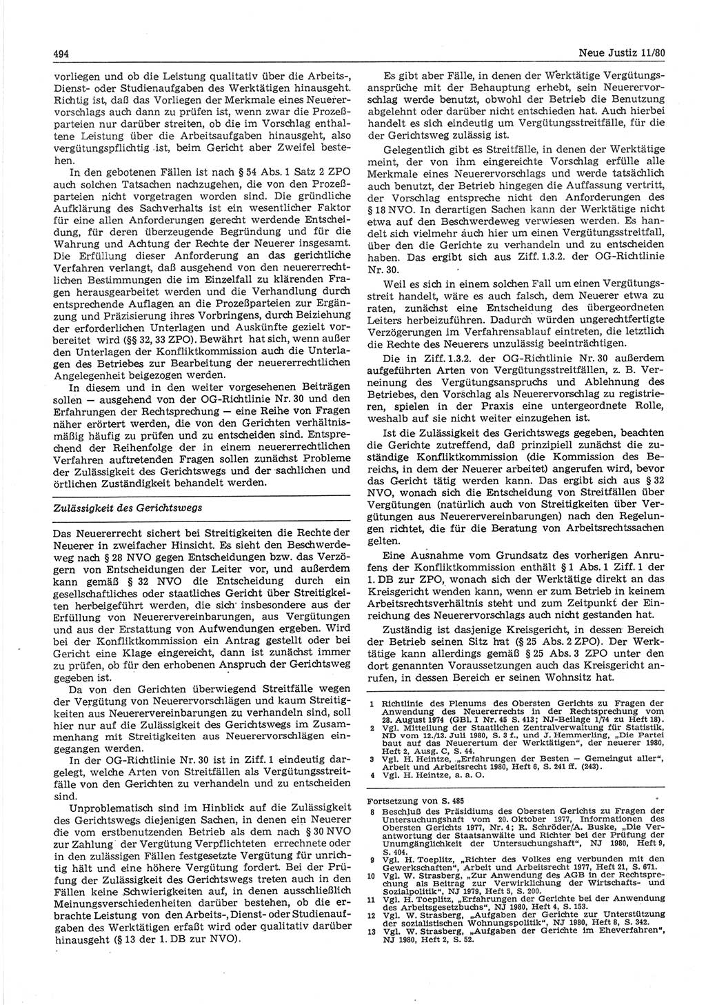 Neue Justiz (NJ), Zeitschrift für sozialistisches Recht und Gesetzlichkeit [Deutsche Demokratische Republik (DDR)], 34. Jahrgang 1980, Seite 494 (NJ DDR 1980, S. 494)