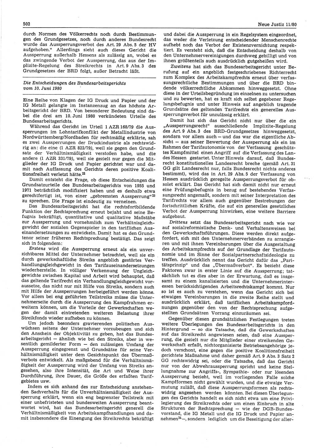 Neue Justiz (NJ), Zeitschrift für sozialistisches Recht und Gesetzlichkeit [Deutsche Demokratische Republik (DDR)], 34. Jahrgang 1980, Seite 502 (NJ DDR 1980, S. 502)