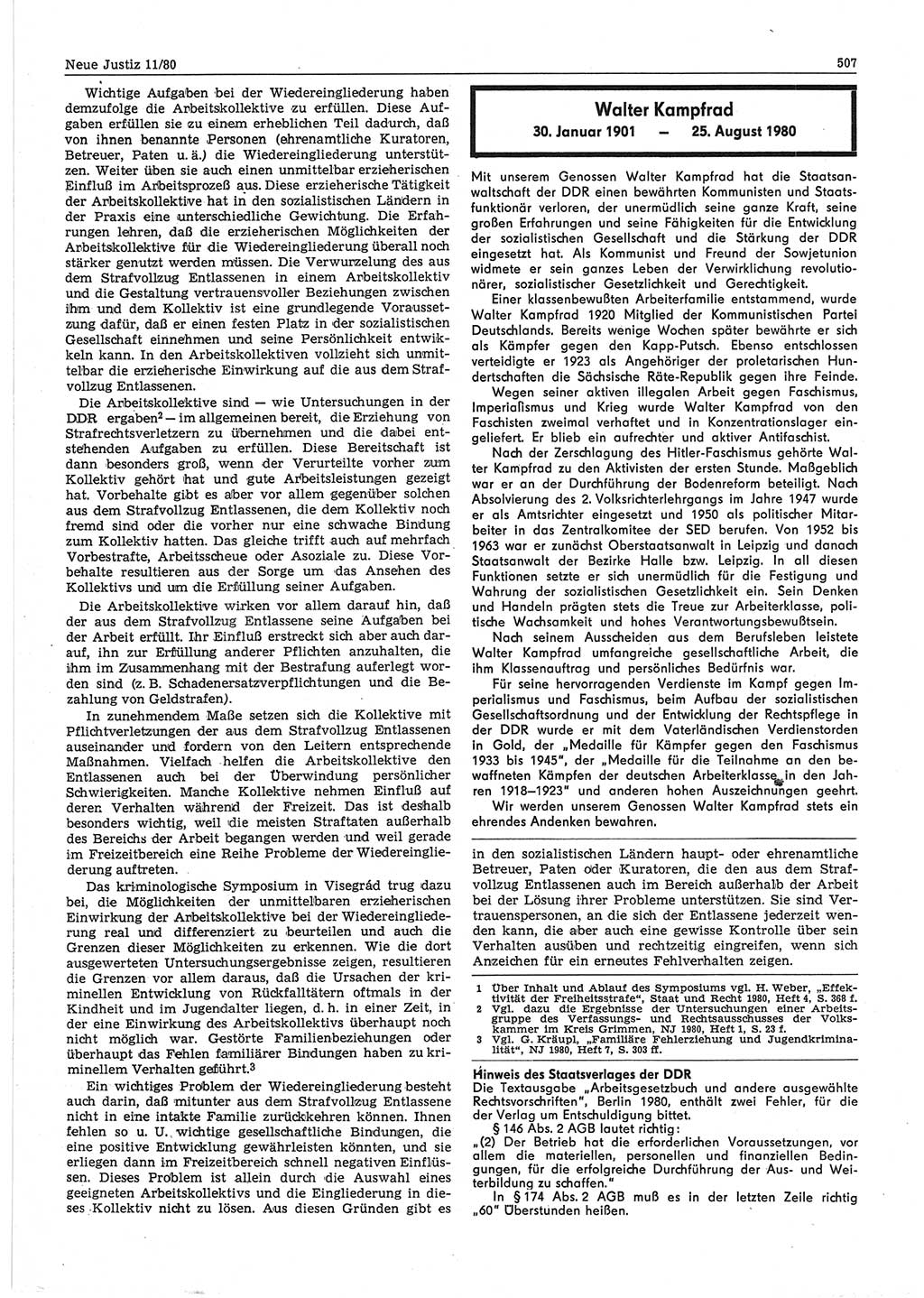 Neue Justiz (NJ), Zeitschrift für sozialistisches Recht und Gesetzlichkeit [Deutsche Demokratische Republik (DDR)], 34. Jahrgang 1980, Seite 507 (NJ DDR 1980, S. 507)