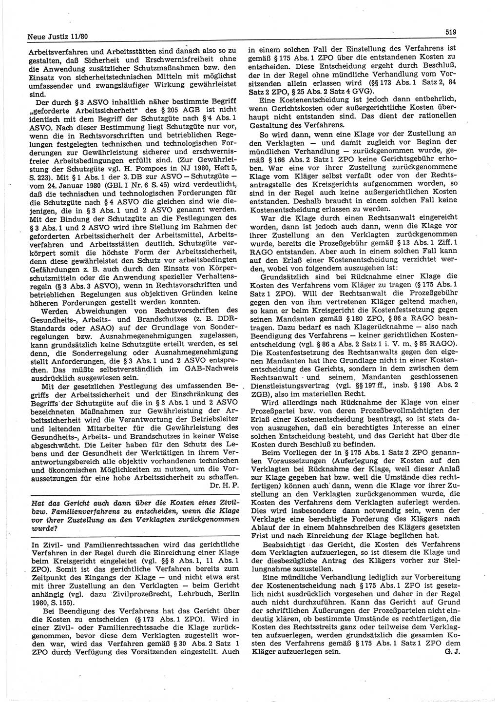 Neue Justiz (NJ), Zeitschrift für sozialistisches Recht und Gesetzlichkeit [Deutsche Demokratische Republik (DDR)], 34. Jahrgang 1980, Seite 519 (NJ DDR 1980, S. 519)