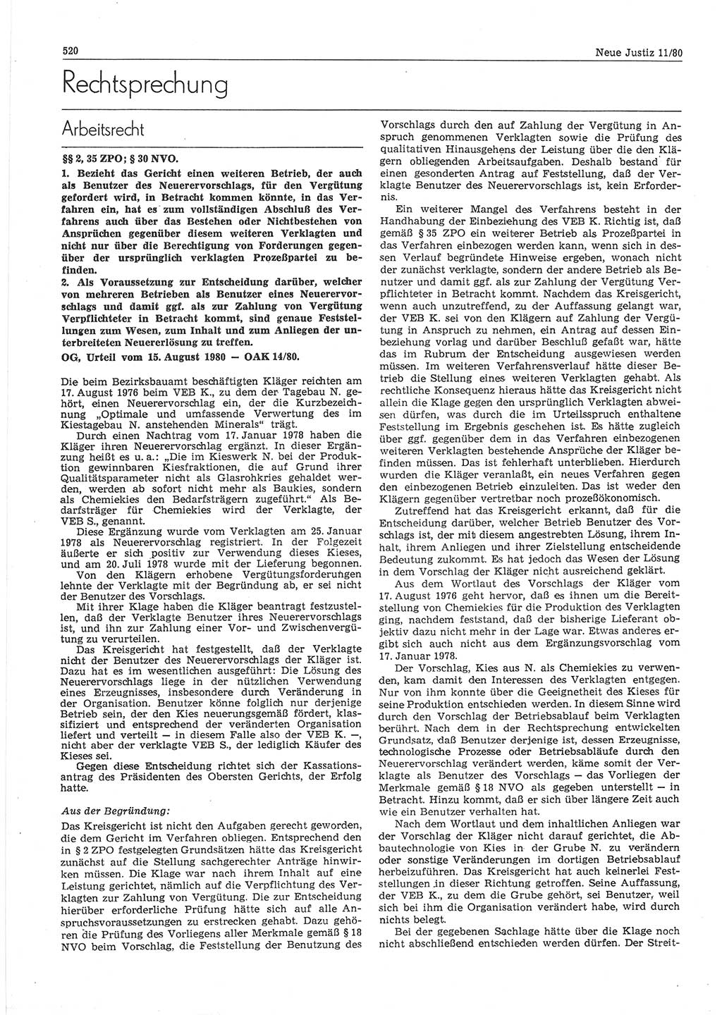 Neue Justiz (NJ), Zeitschrift für sozialistisches Recht und Gesetzlichkeit [Deutsche Demokratische Republik (DDR)], 34. Jahrgang 1980, Seite 520 (NJ DDR 1980, S. 520)