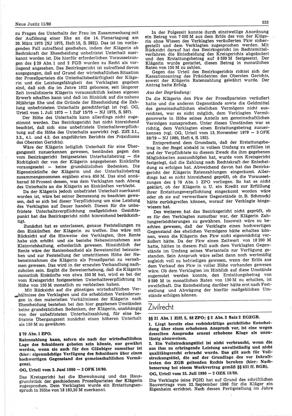 Neue Justiz (NJ), Zeitschrift für sozialistisches Recht und Gesetzlichkeit [Deutsche Demokratische Republik (DDR)], 34. Jahrgang 1980, Seite 523 (NJ DDR 1980, S. 523)