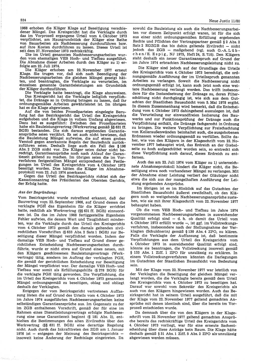 Neue Justiz (NJ), Zeitschrift für sozialistisches Recht und Gesetzlichkeit [Deutsche Demokratische Republik (DDR)], 34. Jahrgang 1980, Seite 524 (NJ DDR 1980, S. 524)
