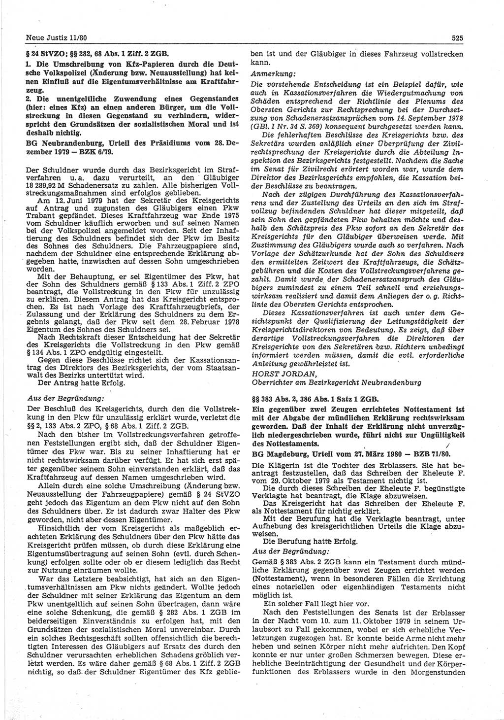 Neue Justiz (NJ), Zeitschrift für sozialistisches Recht und Gesetzlichkeit [Deutsche Demokratische Republik (DDR)], 34. Jahrgang 1980, Seite 525 (NJ DDR 1980, S. 525)
