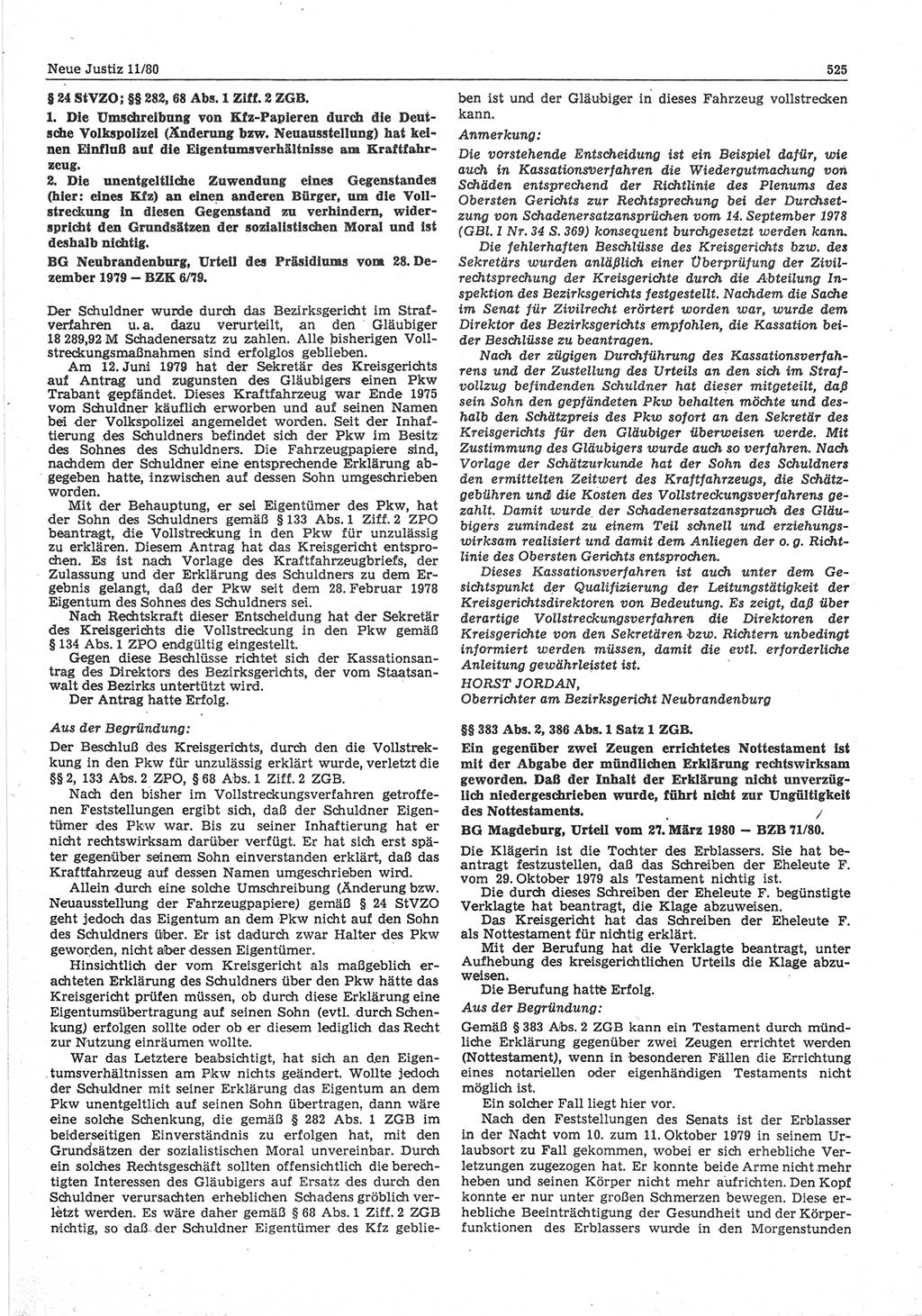Neue Justiz (NJ), Zeitschrift für sozialistisches Recht und Gesetzlichkeit [Deutsche Demokratische Republik (DDR)], 34. Jahrgang 1980, Seite 525 (NJ DDR 1980, S. 525)