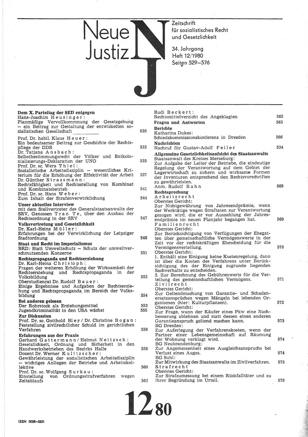 Neue Justiz (NJ), Zeitschrift für sozialistisches Recht und Gesetzlichkeit [Deutsche Demokratische Republik (DDR)], 34. Jahrgang 1980, Seite 529 (NJ DDR 1980, S. 529)