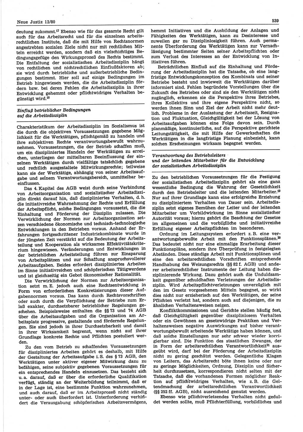 Neue Justiz (NJ), Zeitschrift für sozialistisches Recht und Gesetzlichkeit [Deutsche Demokratische Republik (DDR)], 34. Jahrgang 1980, Seite 539 (NJ DDR 1980, S. 539)