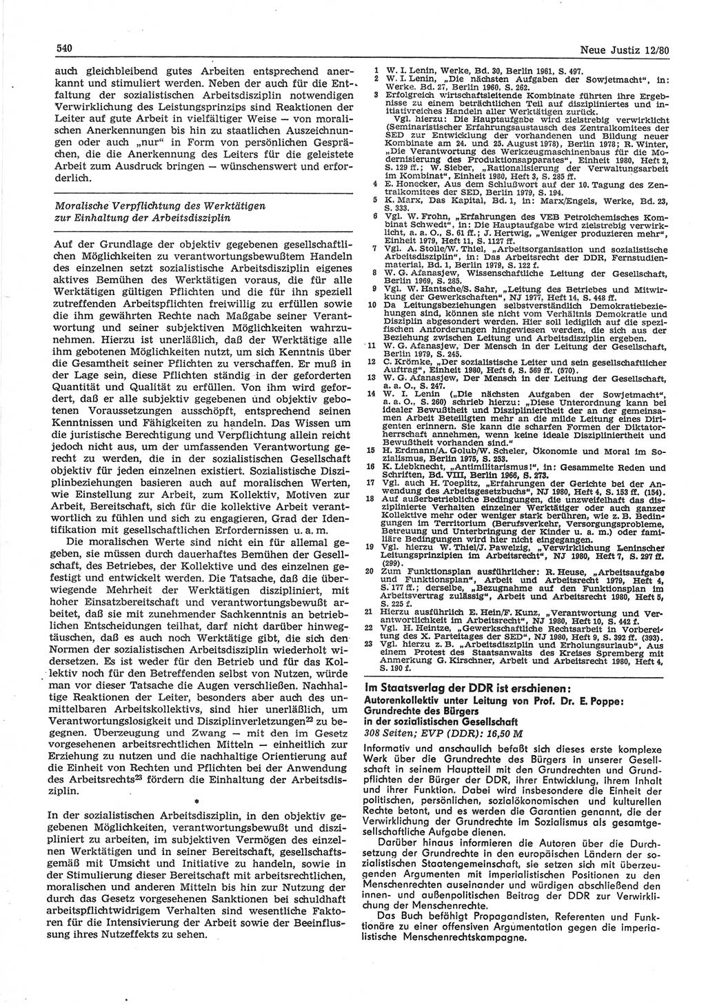 Neue Justiz (NJ), Zeitschrift für sozialistisches Recht und Gesetzlichkeit [Deutsche Demokratische Republik (DDR)], 34. Jahrgang 1980, Seite 540 (NJ DDR 1980, S. 540)