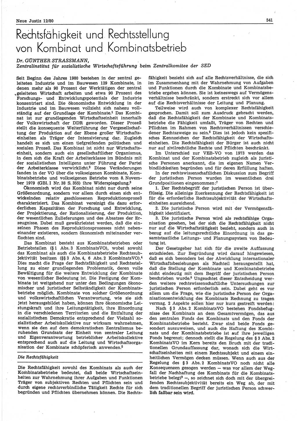 Neue Justiz (NJ), Zeitschrift für sozialistisches Recht und Gesetzlichkeit [Deutsche Demokratische Republik (DDR)], 34. Jahrgang 1980, Seite 541 (NJ DDR 1980, S. 541)