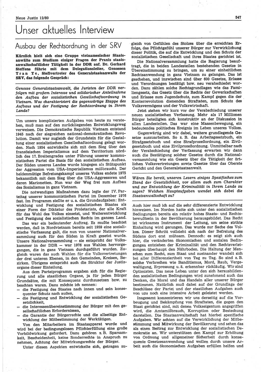 Neue Justiz (NJ), Zeitschrift für sozialistisches Recht und Gesetzlichkeit [Deutsche Demokratische Republik (DDR)], 34. Jahrgang 1980, Seite 547 (NJ DDR 1980, S. 547)