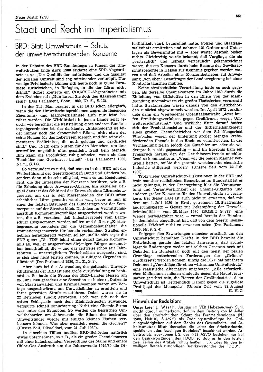 Neue Justiz (NJ), Zeitschrift für sozialistisches Recht und Gesetzlichkeit [Deutsche Demokratische Republik (DDR)], 34. Jahrgang 1980, Seite 551 (NJ DDR 1980, S. 551)