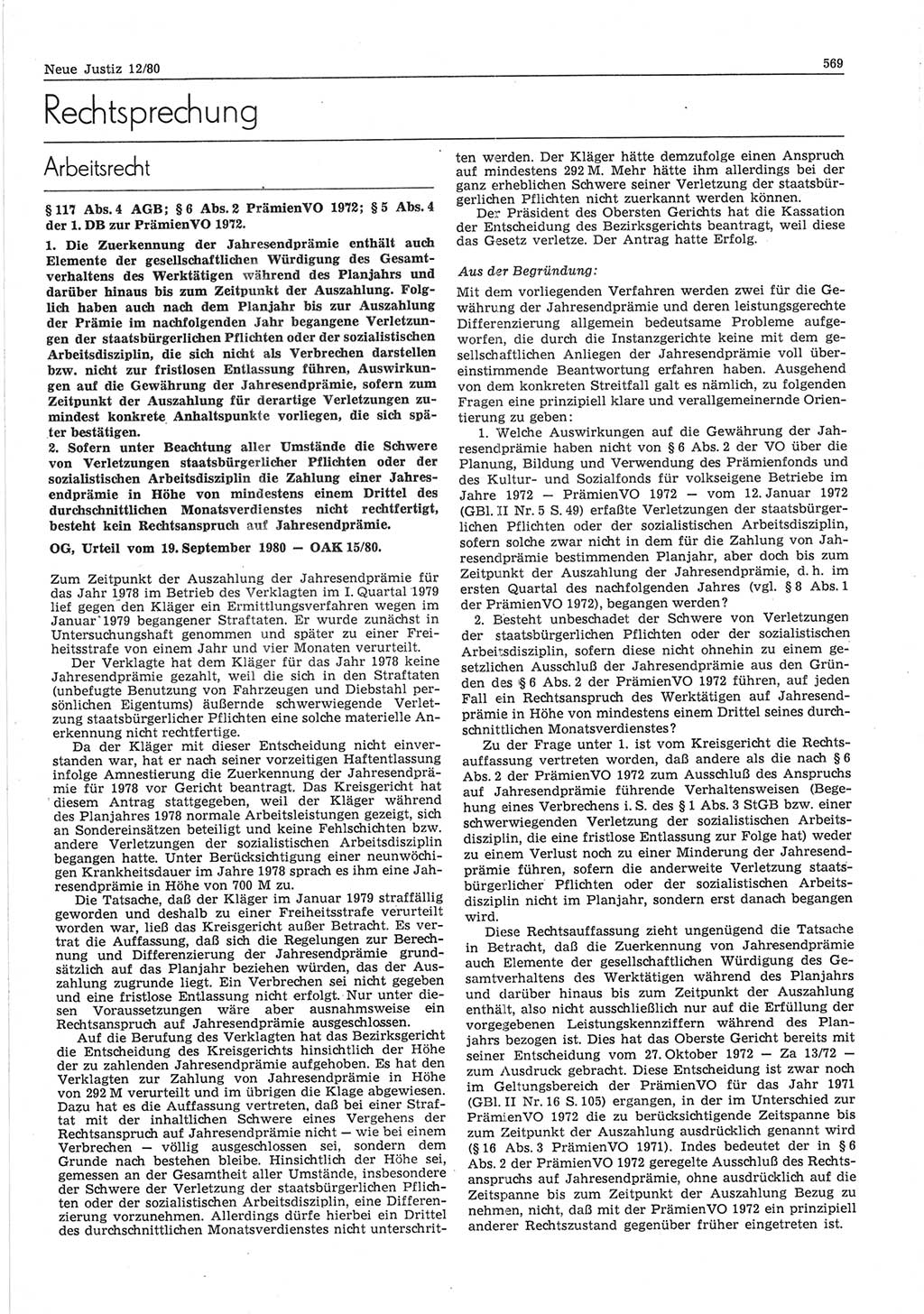 Neue Justiz (NJ), Zeitschrift für sozialistisches Recht und Gesetzlichkeit [Deutsche Demokratische Republik (DDR)], 34. Jahrgang 1980, Seite 569 (NJ DDR 1980, S. 569)
