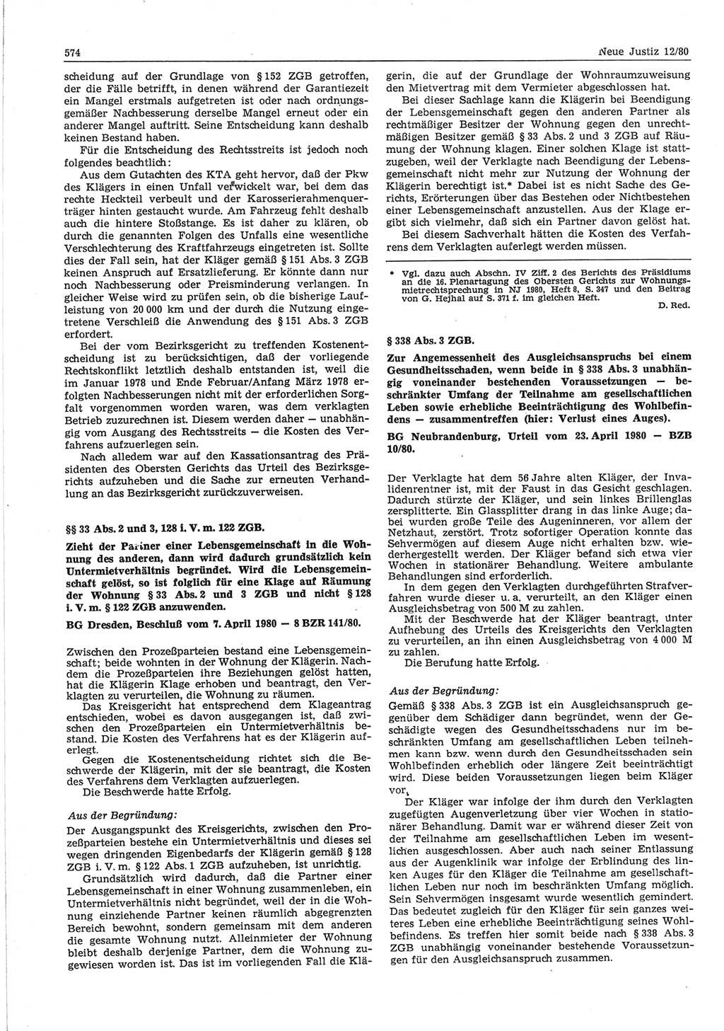 Neue Justiz (NJ), Zeitschrift für sozialistisches Recht und Gesetzlichkeit [Deutsche Demokratische Republik (DDR)], 34. Jahrgang 1980, Seite 574 (NJ DDR 1980, S. 574)
