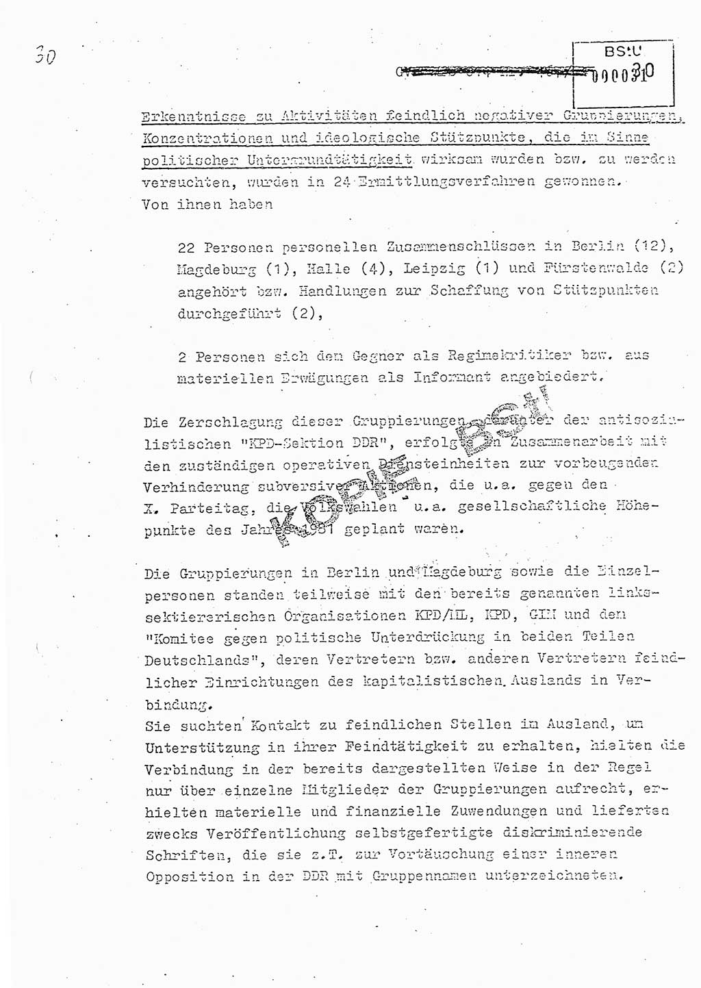 Jahresbericht der Hauptabteilung (HA) Ⅸ 1981, Analyse über die Entwicklung und die Wirksamkeit der politisch-operativen Arbeit der Linie Ⅸ in der Zeit vom 1. Januar 1981 bis 30. September 1981, Ministerium für Staatssicherheit (MfS) der Deutschen Demokratischen Republik (DDR), Hauptabteilung Ⅸ, Berlin 1981, Seite 30 (Anal. MfS DDR HA Ⅸ /81 1981, S. 30)