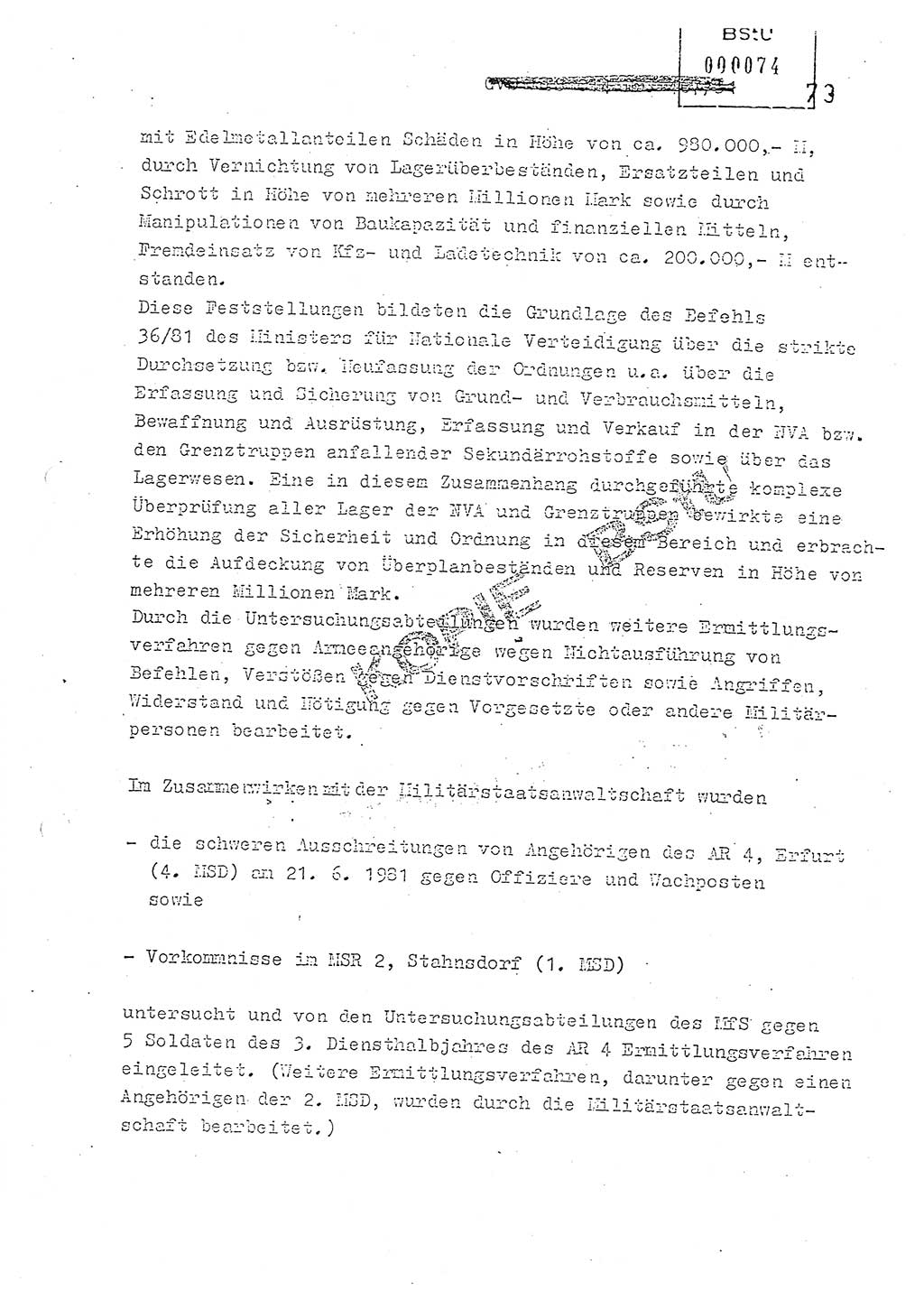 Jahresbericht der Hauptabteilung (HA) Ⅸ 1981, Analyse über die Entwicklung und die Wirksamkeit der politisch-operativen Arbeit der Linie Ⅸ in der Zeit vom 1. Januar 1981 bis 30. September 1981, Ministerium für Staatssicherheit (MfS) der Deutschen Demokratischen Republik (DDR), Hauptabteilung Ⅸ, Berlin 1981, Seite 73 (Anal. MfS DDR HA Ⅸ /81 1981, S. 73)