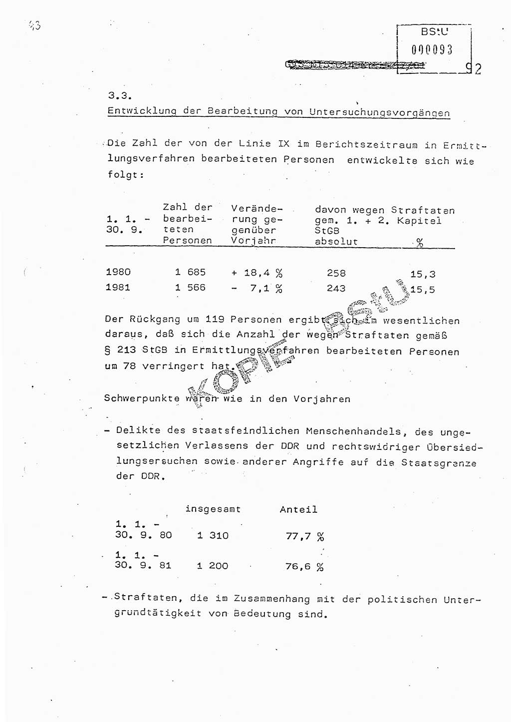Jahresbericht der Hauptabteilung (HA) Ⅸ 1981, Analyse über die Entwicklung und die Wirksamkeit der politisch-operativen Arbeit der Linie Ⅸ in der Zeit vom 1. Januar 1981 bis 30. September 1981, Ministerium für Staatssicherheit (MfS) der Deutschen Demokratischen Republik (DDR), Hauptabteilung Ⅸ, Berlin 1981, Seite 92 (Anal. MfS DDR HA Ⅸ /81 1981, S. 92)