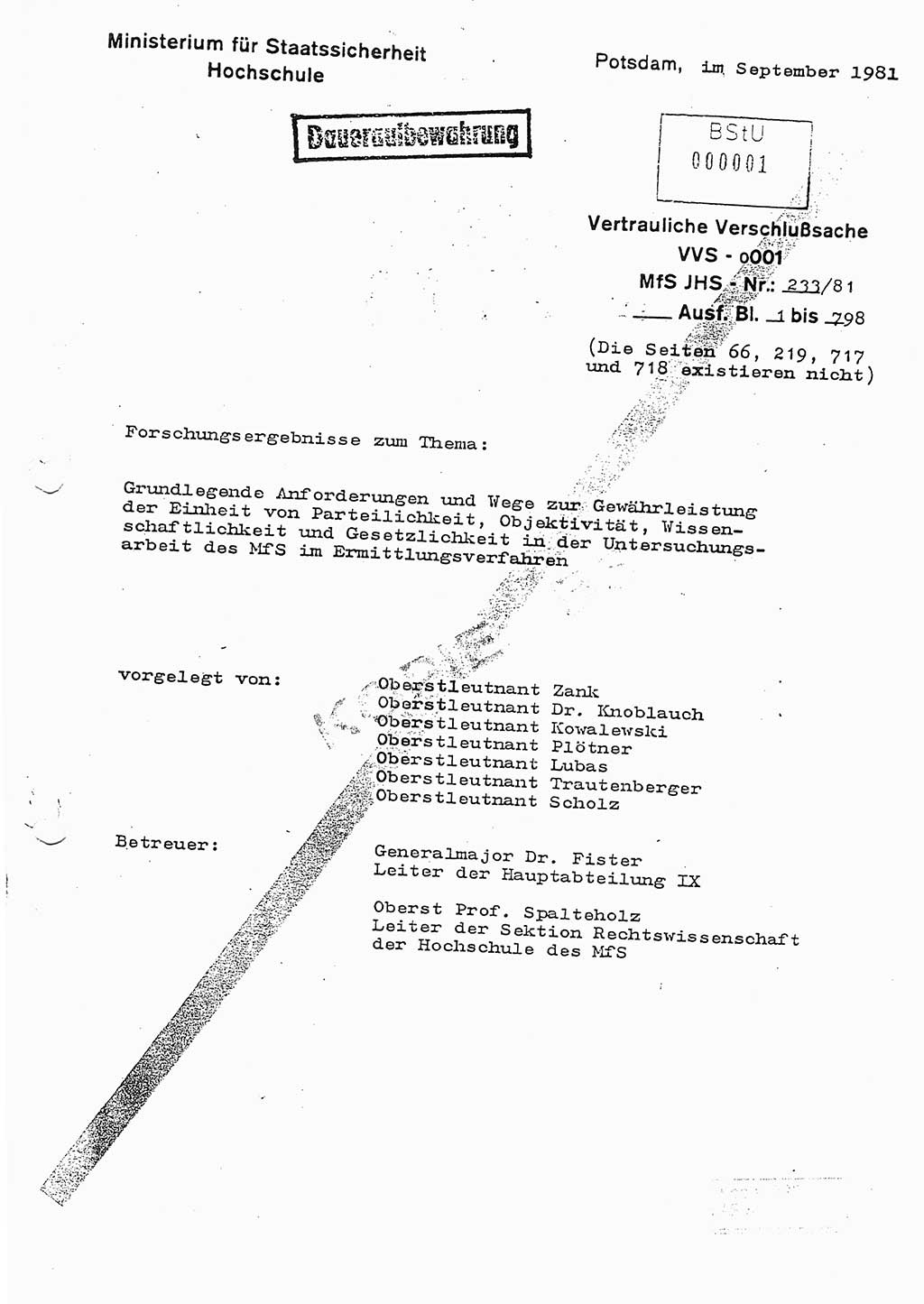 Dissertation Oberstleutnant Horst Zank (JHS), Oberstleutnant Dr. Karl-Heinz Knoblauch (JHS), Oberstleutnant Gustav-Adolf Kowalewski (HA Ⅸ), Oberstleutnant Wolfgang Plötner (HA Ⅸ), Ministerium für Staatssicherheit (MfS) [Deutsche Demokratische Republik (DDR)], Juristische Hochschule (JHS), Vertrauliche Verschlußsache (VVS) o001-233/81, Potsdam 1981, Blatt 1 (Diss. MfS DDR JHS VVS o001-233/81 1981, Bl. 1)