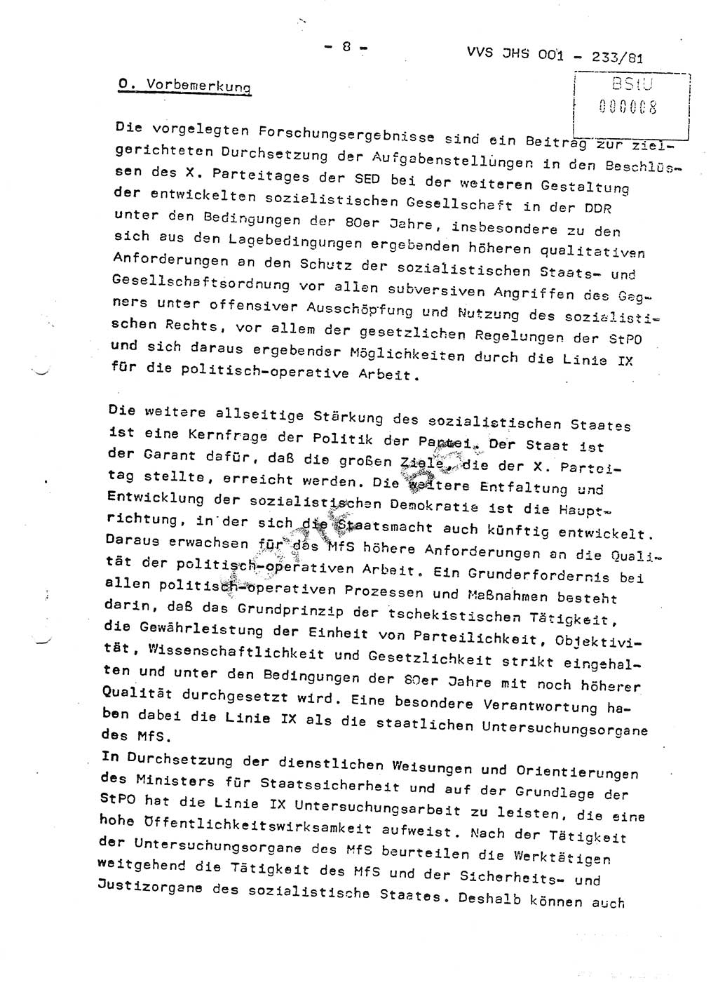 Dissertation Oberstleutnant Horst Zank (JHS), Oberstleutnant Dr. Karl-Heinz Knoblauch (JHS), Oberstleutnant Gustav-Adolf Kowalewski (HA Ⅸ), Oberstleutnant Wolfgang Plötner (HA Ⅸ), Ministerium für Staatssicherheit (MfS) [Deutsche Demokratische Republik (DDR)], Juristische Hochschule (JHS), Vertrauliche Verschlußsache (VVS) o001-233/81, Potsdam 1981, Blatt 8 (Diss. MfS DDR JHS VVS o001-233/81 1981, Bl. 8)