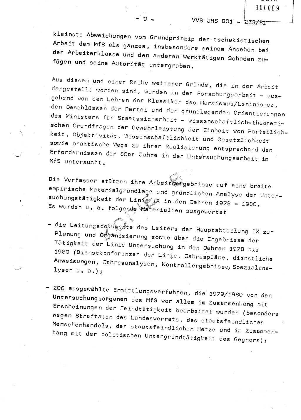Dissertation Oberstleutnant Horst Zank (JHS), Oberstleutnant Dr. Karl-Heinz Knoblauch (JHS), Oberstleutnant Gustav-Adolf Kowalewski (HA Ⅸ), Oberstleutnant Wolfgang Plötner (HA Ⅸ), Ministerium für Staatssicherheit (MfS) [Deutsche Demokratische Republik (DDR)], Juristische Hochschule (JHS), Vertrauliche Verschlußsache (VVS) o001-233/81, Potsdam 1981, Blatt 9 (Diss. MfS DDR JHS VVS o001-233/81 1981, Bl. 9)