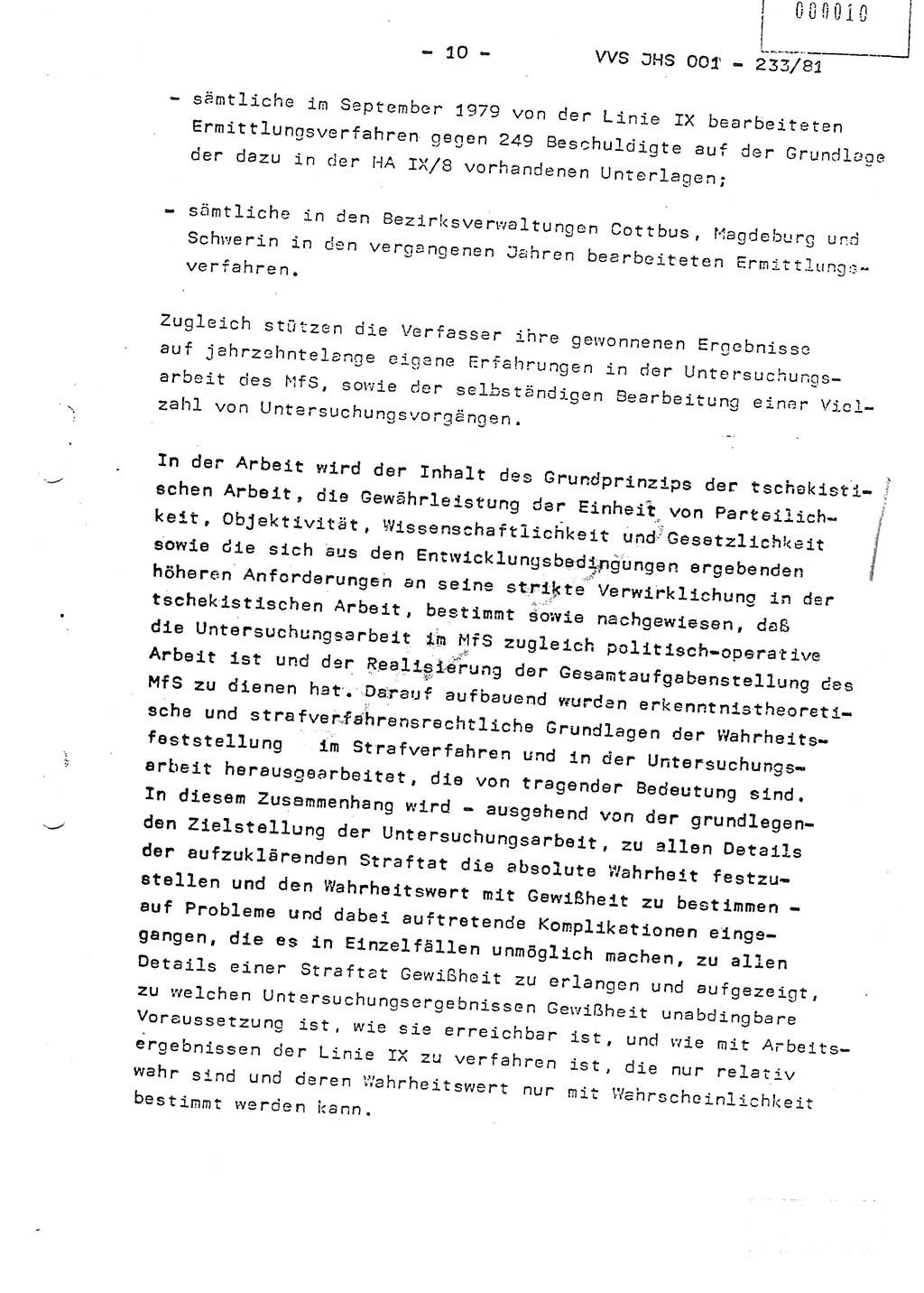 Dissertation Oberstleutnant Horst Zank (JHS), Oberstleutnant Dr. Karl-Heinz Knoblauch (JHS), Oberstleutnant Gustav-Adolf Kowalewski (HA Ⅸ), Oberstleutnant Wolfgang Plötner (HA Ⅸ), Ministerium für Staatssicherheit (MfS) [Deutsche Demokratische Republik (DDR)], Juristische Hochschule (JHS), Vertrauliche Verschlußsache (VVS) o001-233/81, Potsdam 1981, Blatt 10 (Diss. MfS DDR JHS VVS o001-233/81 1981, Bl. 10)