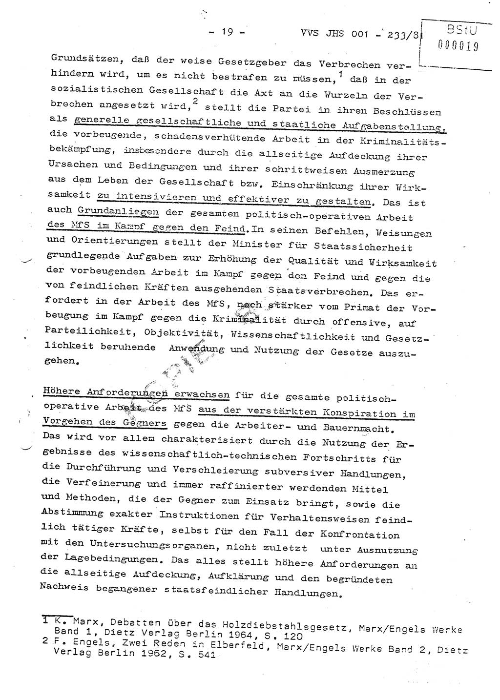 Dissertation Oberstleutnant Horst Zank (JHS), Oberstleutnant Dr. Karl-Heinz Knoblauch (JHS), Oberstleutnant Gustav-Adolf Kowalewski (HA Ⅸ), Oberstleutnant Wolfgang Plötner (HA Ⅸ), Ministerium für Staatssicherheit (MfS) [Deutsche Demokratische Republik (DDR)], Juristische Hochschule (JHS), Vertrauliche Verschlußsache (VVS) o001-233/81, Potsdam 1981, Blatt 19 (Diss. MfS DDR JHS VVS o001-233/81 1981, Bl. 19)