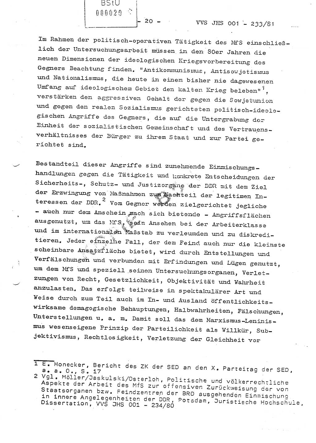 Dissertation Oberstleutnant Horst Zank (JHS), Oberstleutnant Dr. Karl-Heinz Knoblauch (JHS), Oberstleutnant Gustav-Adolf Kowalewski (HA Ⅸ), Oberstleutnant Wolfgang Plötner (HA Ⅸ), Ministerium für Staatssicherheit (MfS) [Deutsche Demokratische Republik (DDR)], Juristische Hochschule (JHS), Vertrauliche Verschlußsache (VVS) o001-233/81, Potsdam 1981, Blatt 20 (Diss. MfS DDR JHS VVS o001-233/81 1981, Bl. 20)